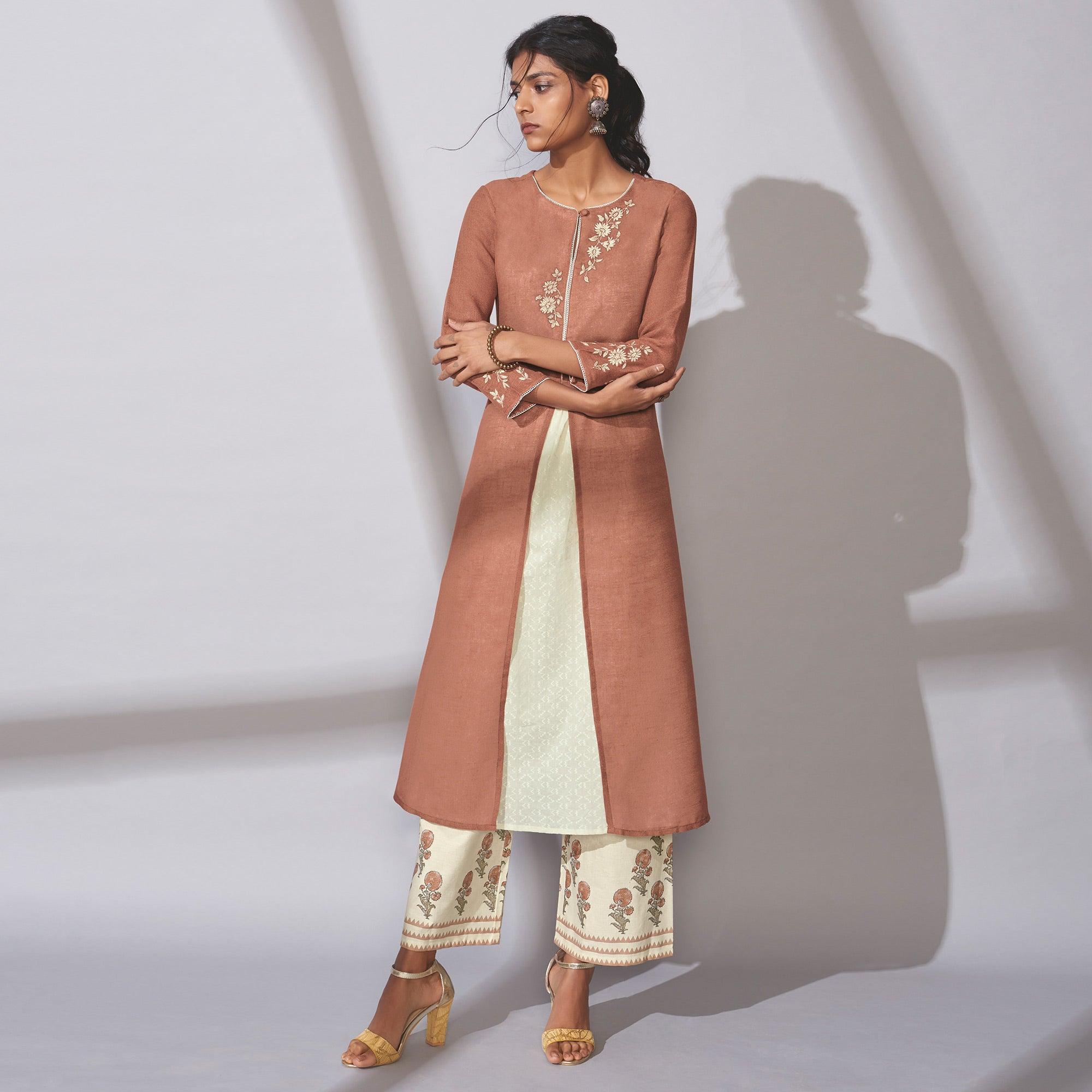 Jazzy Brown Colored Party Wear Embroidered Khadi Cotton Kurti-Palazzo Set - Peachmode