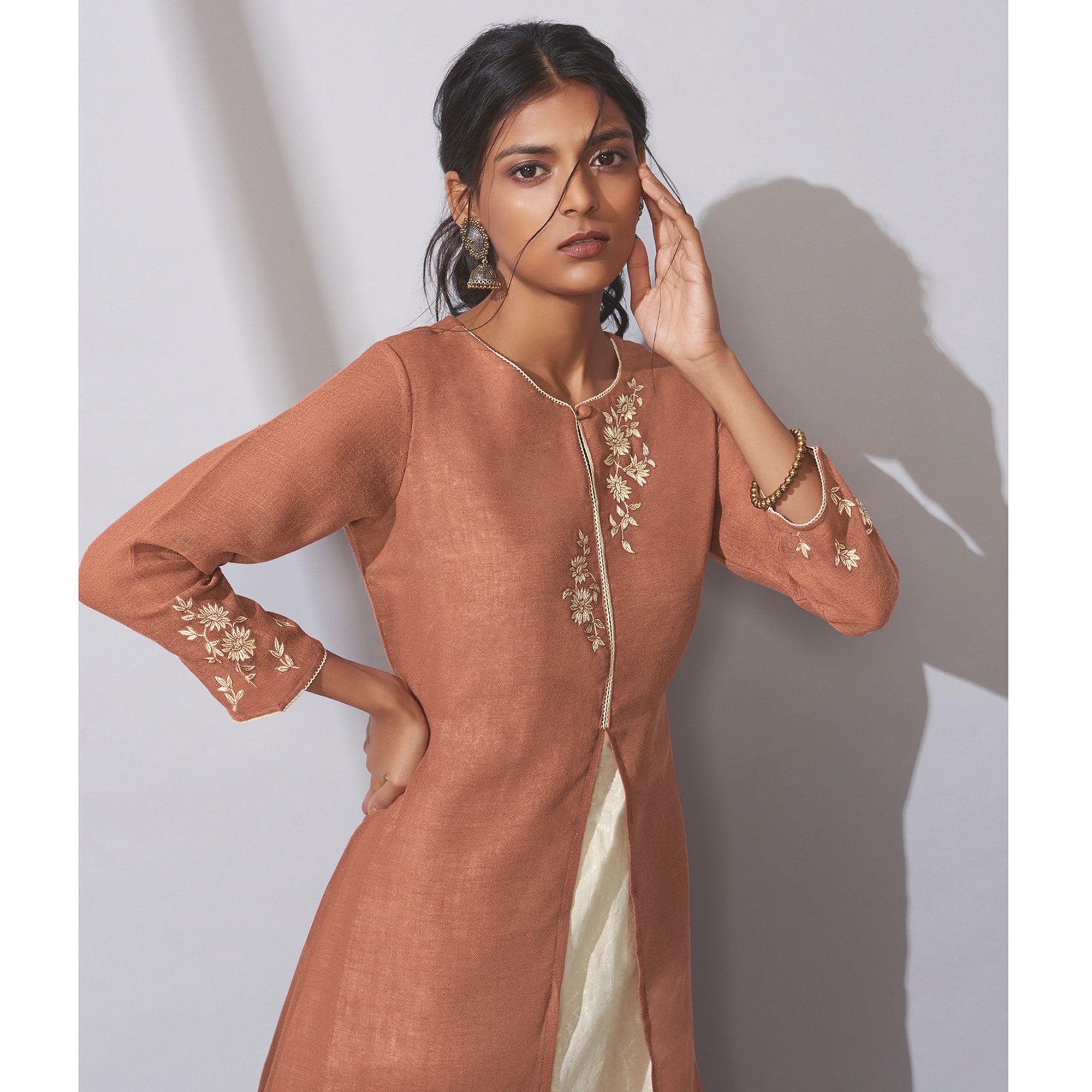 Jazzy Brown Colored Party Wear Embroidered Khadi Cotton Kurti-Palazzo Set - Peachmode
