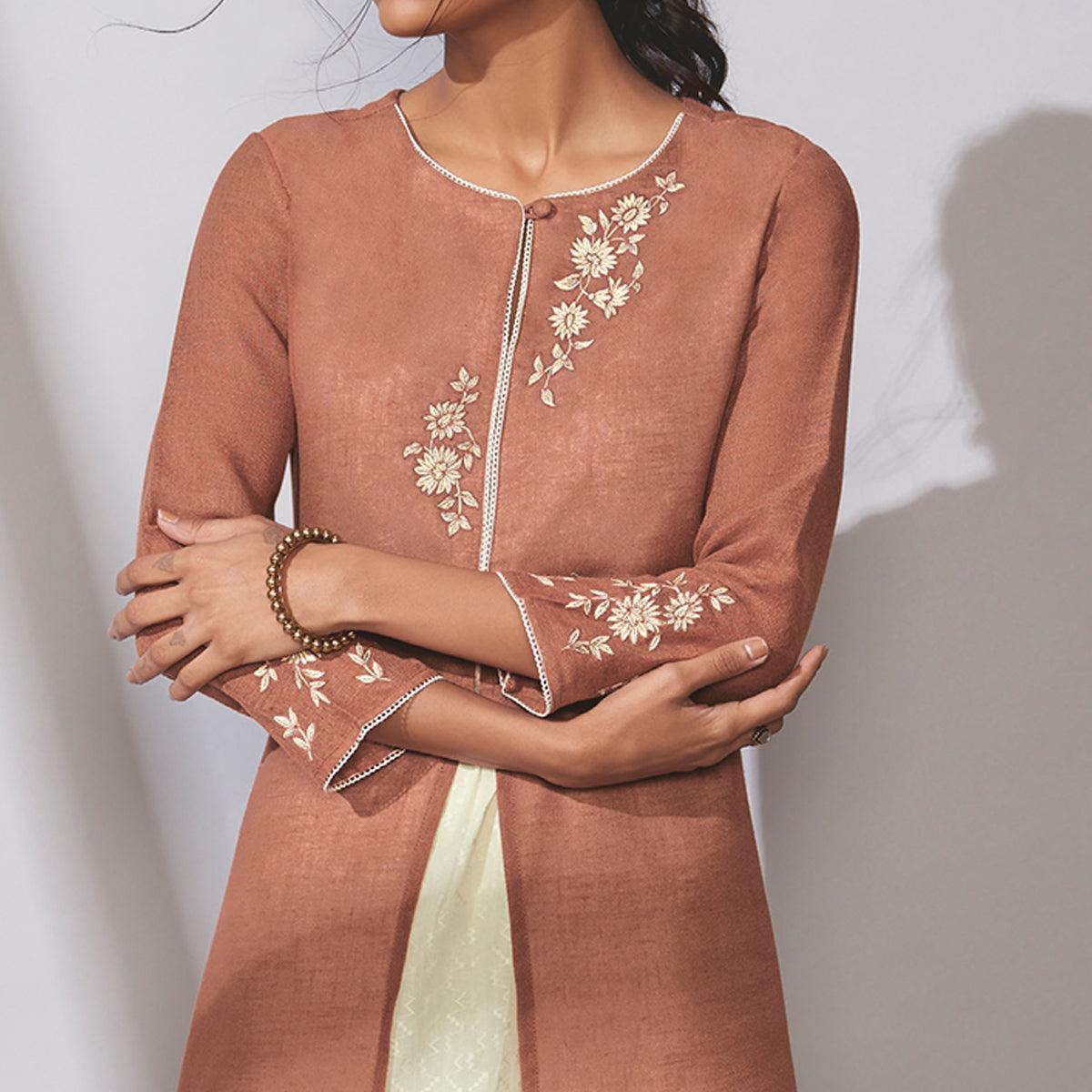 Jazzy Brown Colored Party Wear Embroidered Khadi Cotton Kurti-Palazzo Set - Peachmode