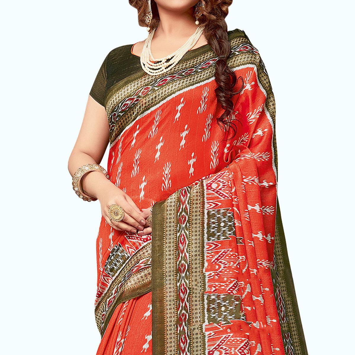 Jazzy Coral Red Colored Casual Wear Printed Art Silk Saree - Peachmode