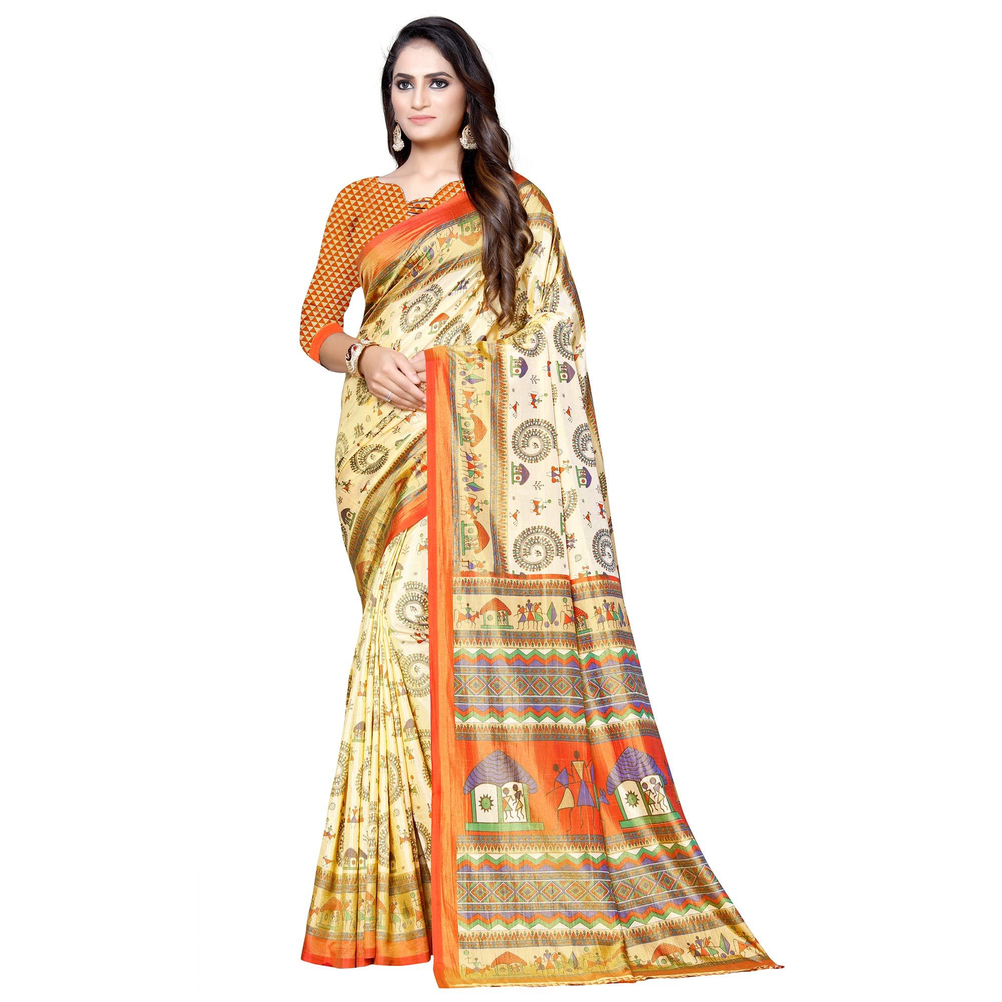 Jazzy Cream-Orange Colored Casual Printed Art Silk Saree - Peachmode