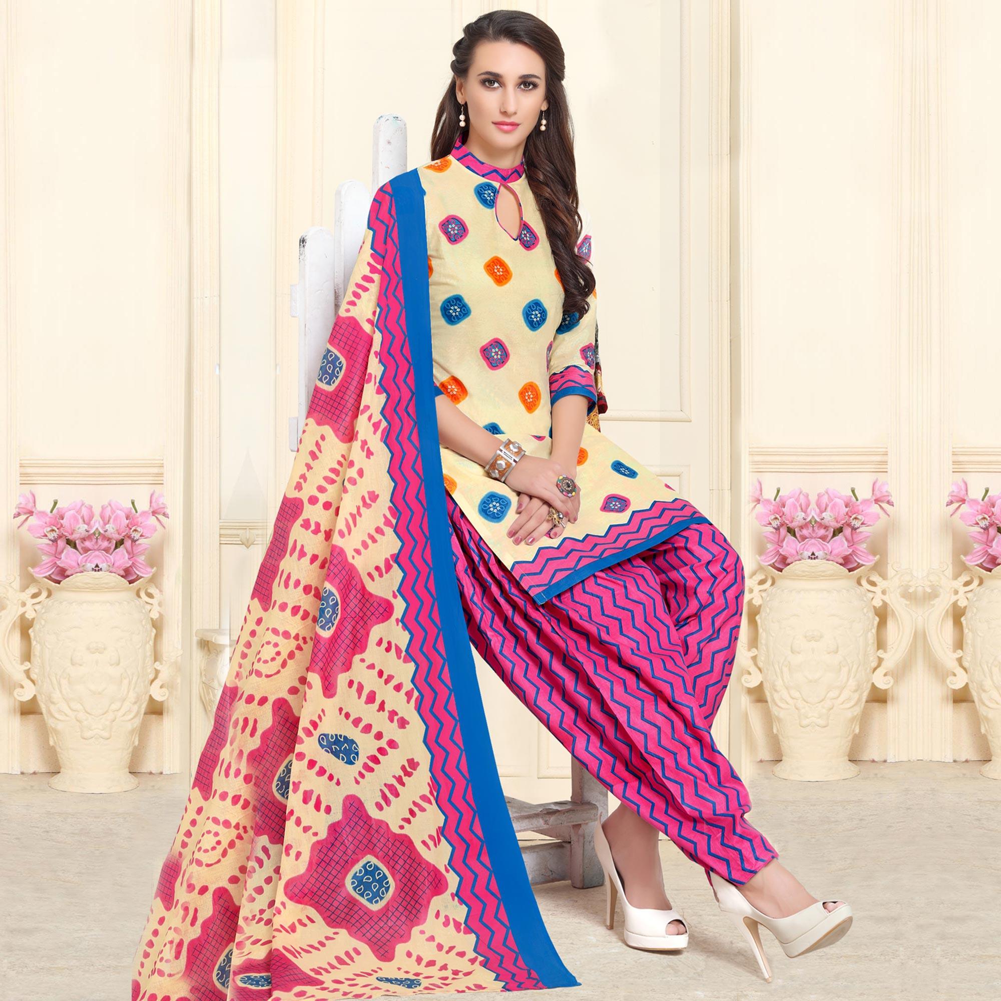 Jazzy Cream-Pink Colored Casual Wear Printed Cotton Patiala Dress Material - Peachmode