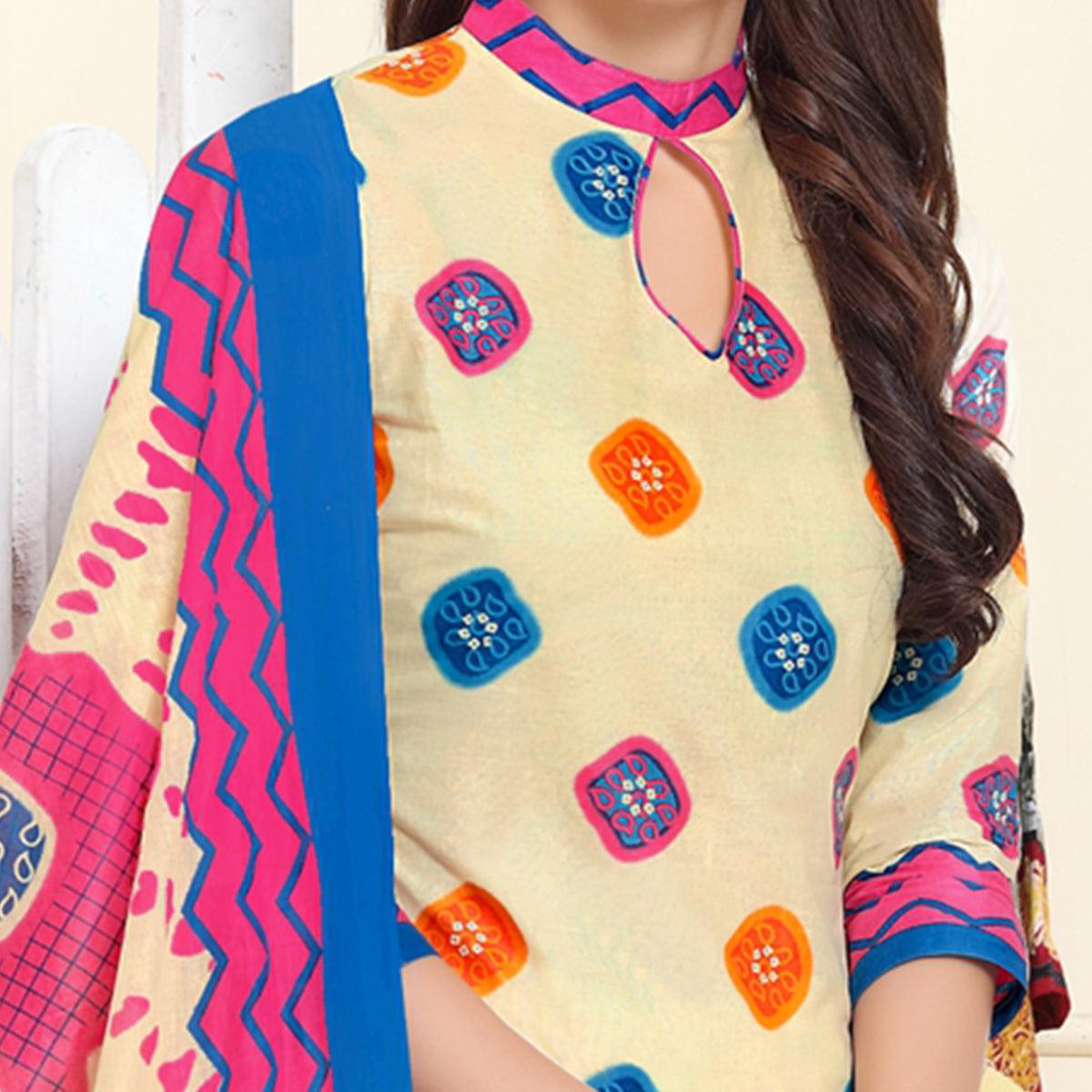 Jazzy Cream-Pink Colored Casual Wear Printed Cotton Patiala Dress Material - Peachmode