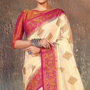 Jazzy Cream-Pink Colored Festive Wear Woven Cotton Silk Saree - Peachmode