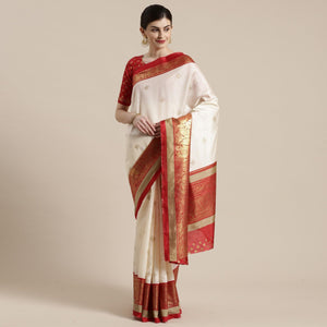 Jazzy Cream-Red Colored Festive Wear Paisely Foli Print Patola Silk Saree - Peachmode
