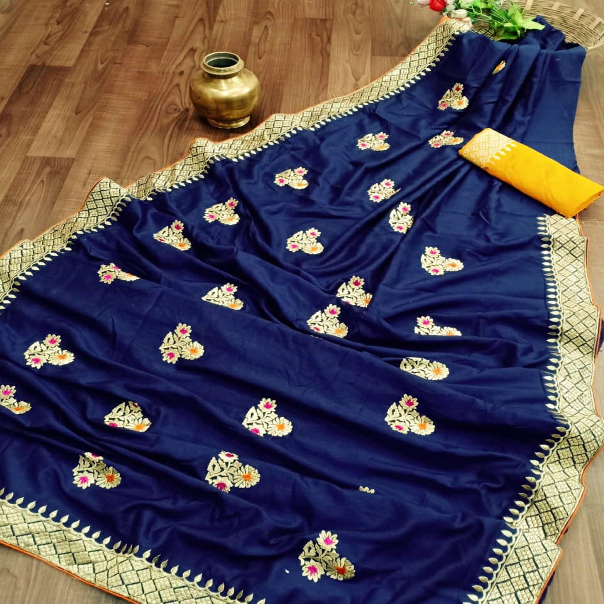 Jazzy Dark Blue Colored Festive Wear Woven Dola Silk Saree - Peachmode