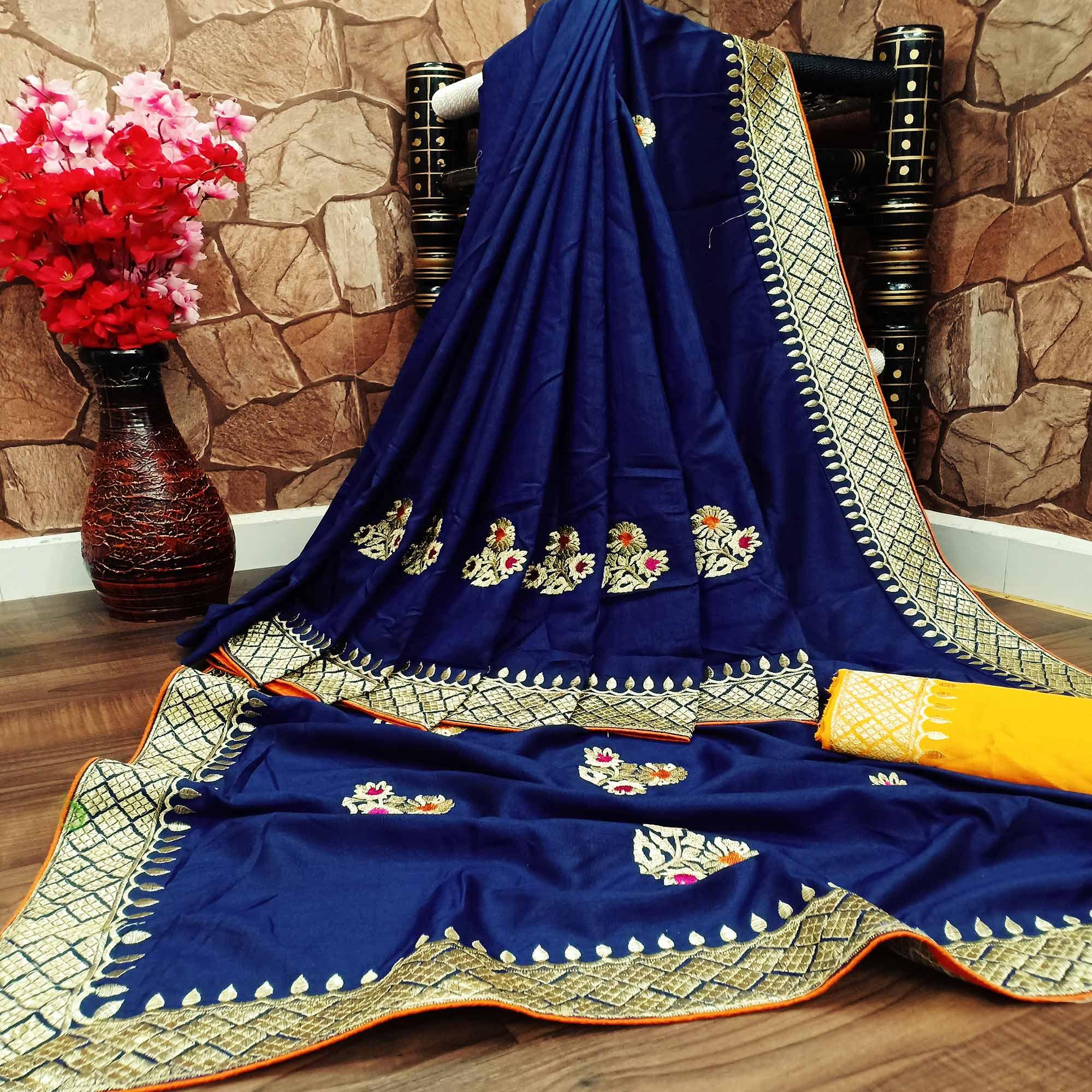Jazzy Dark Blue Colored Festive Wear Woven Dola Silk Saree - Peachmode