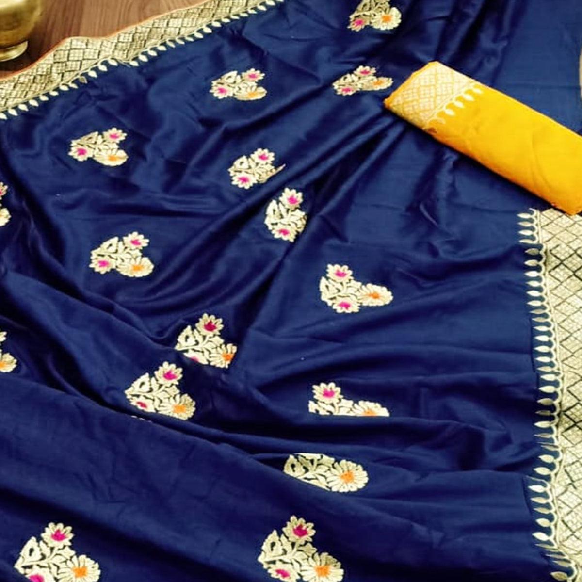 Jazzy Dark Blue Colored Festive Wear Woven Dola Silk Saree - Peachmode