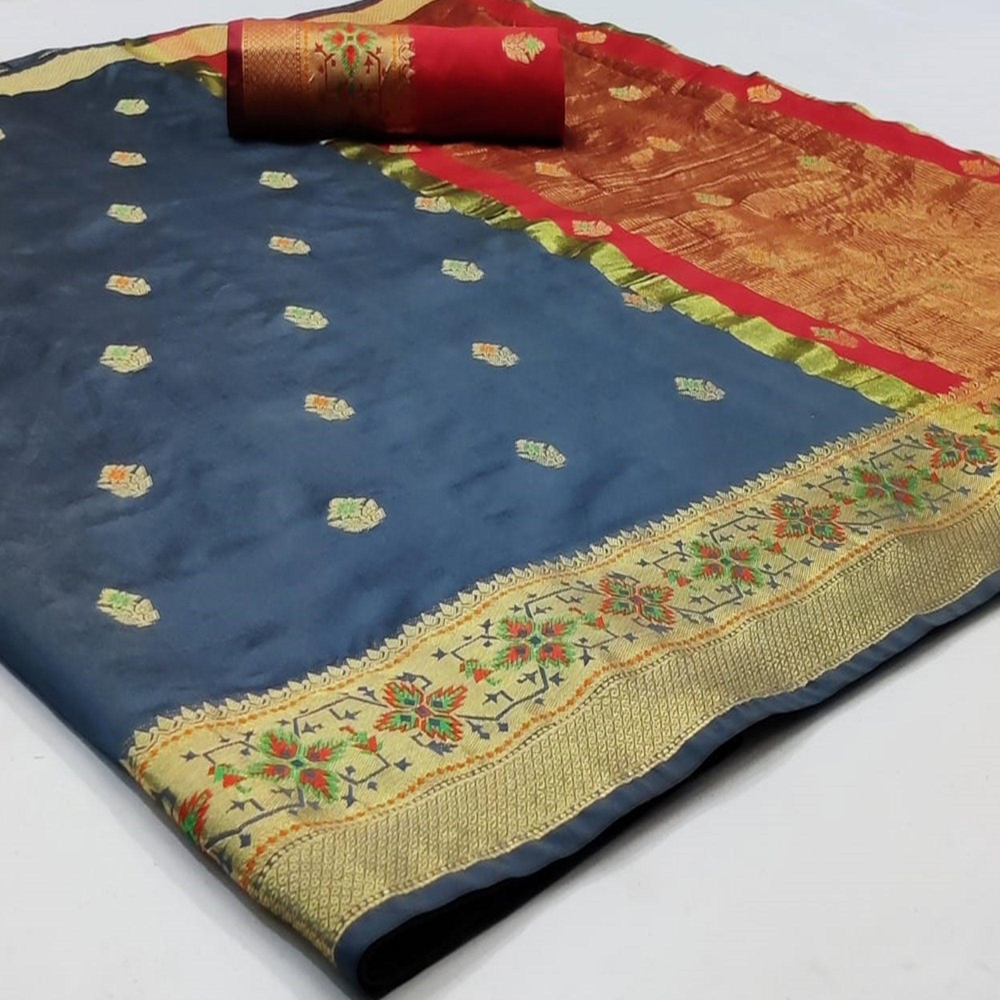 Jazzy Dark Grey Colored Festive Wear Woven Silk Saree - Peachmode