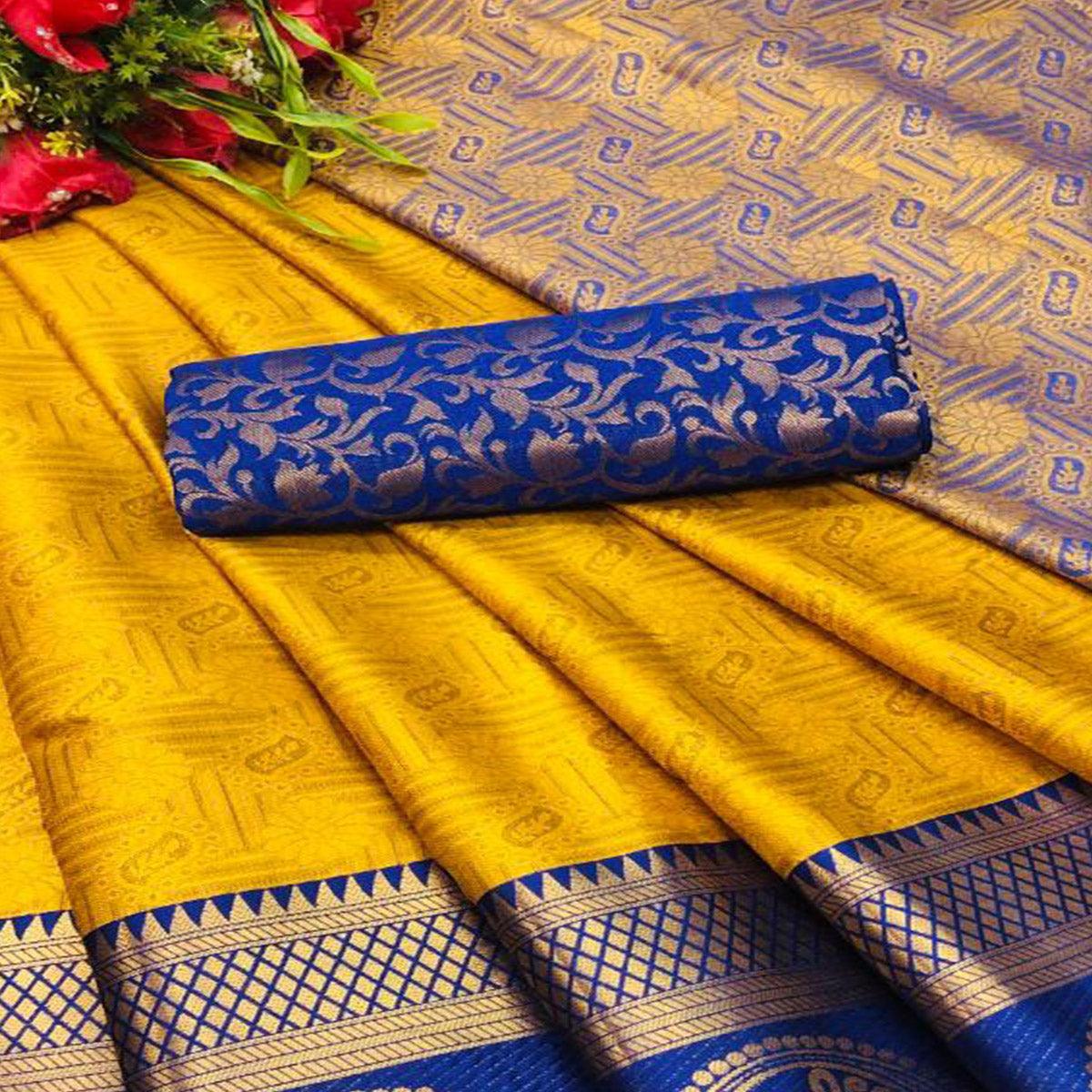 Jazzy Gold Coloured Casual Wear Printed Self Cotton Silk Saree - Peachmode