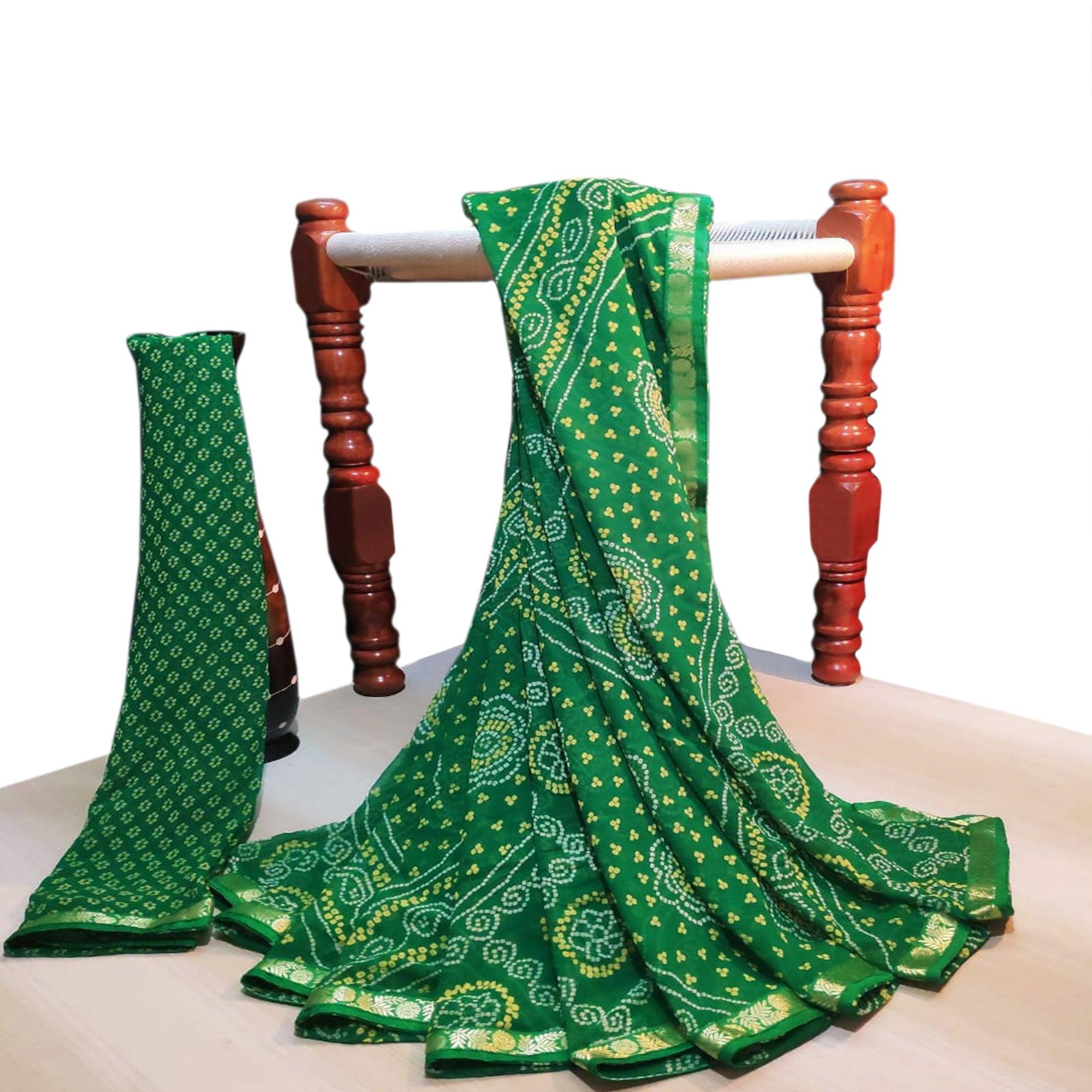 Jazzy Green Colored Casual Wear Bandhani Printed Georgette Saree - Peachmode