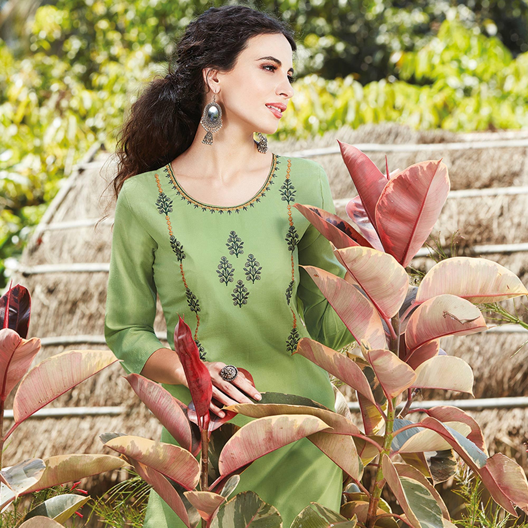 Jazzy Green Colored Casual Wear Embroidered Cotton Sulb Kurti - Peachmode