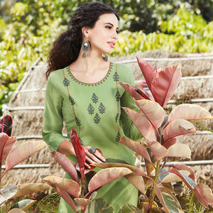 Jazzy Green Colored Casual Wear Embroidered Cotton Sulb Kurti - Peachmode