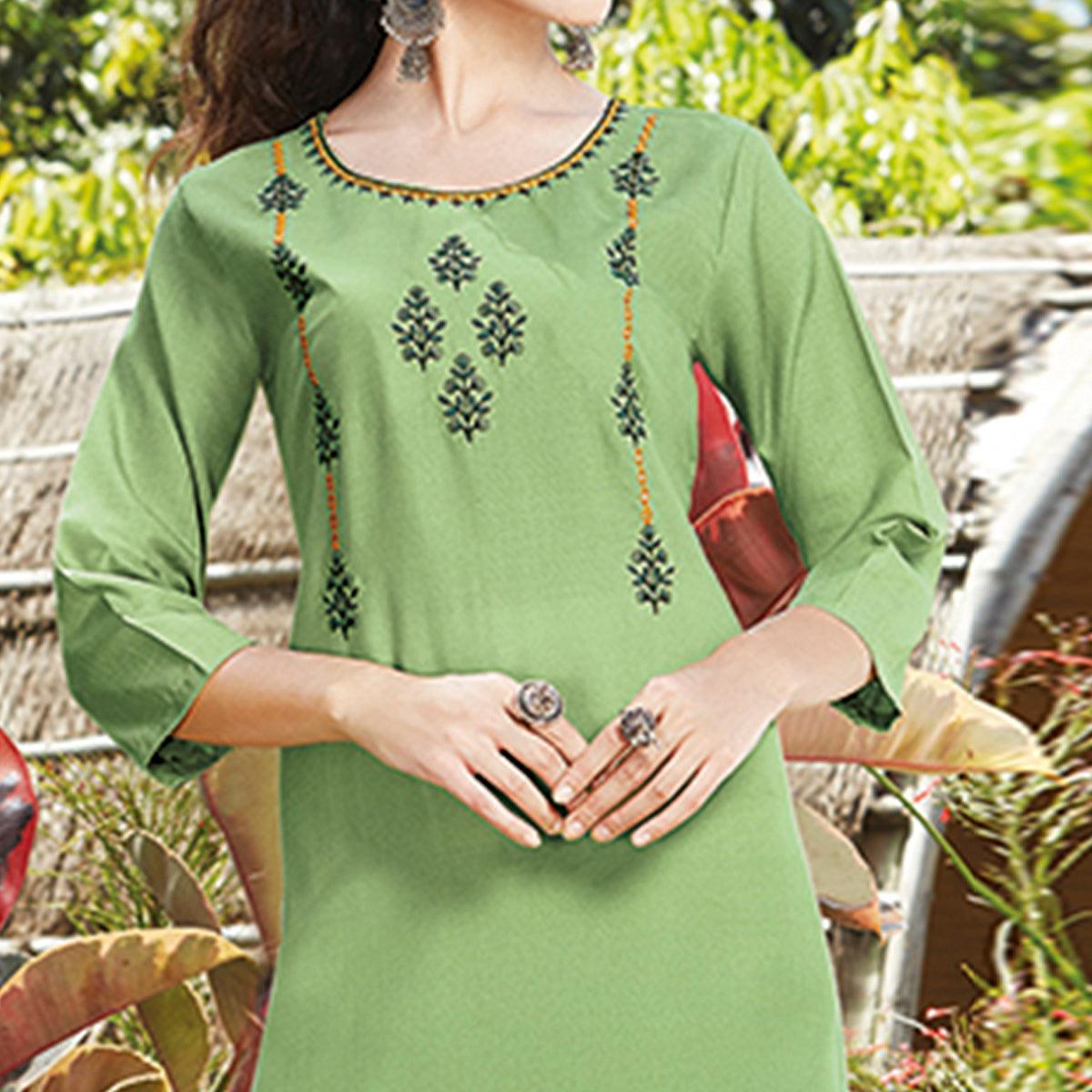 Jazzy Green Colored Casual Wear Embroidered Cotton Sulb Kurti - Peachmode