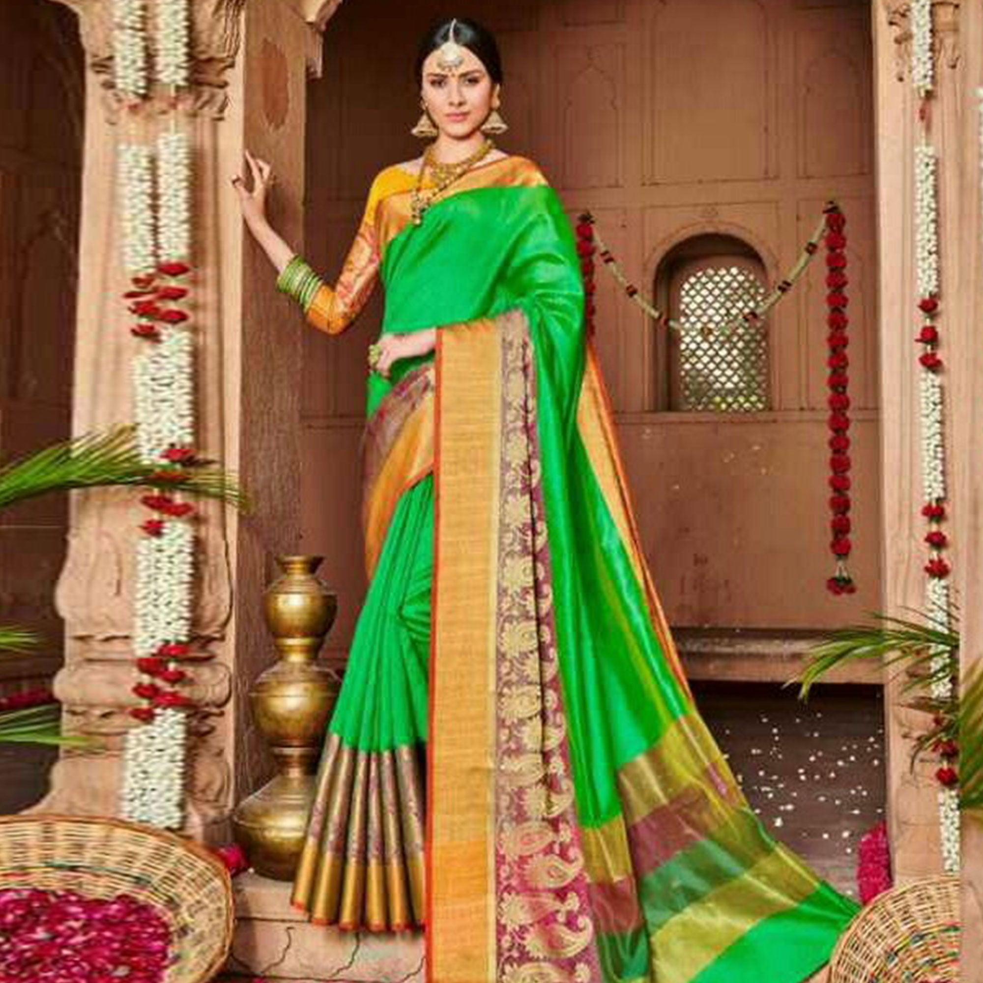 Jazzy Green Colored Festive Wear Woven Art Silk Saree - Peachmode