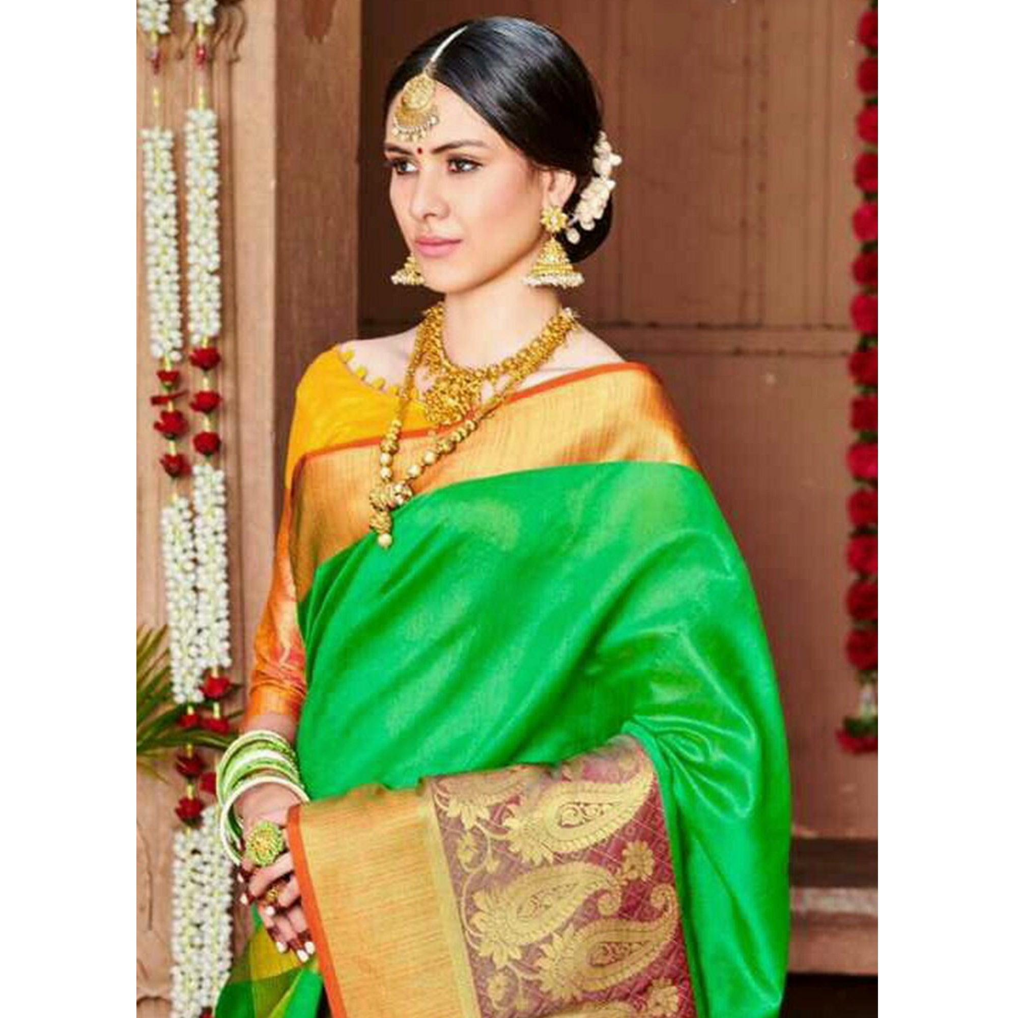 Jazzy Green Colored Festive Wear Woven Art Silk Saree - Peachmode