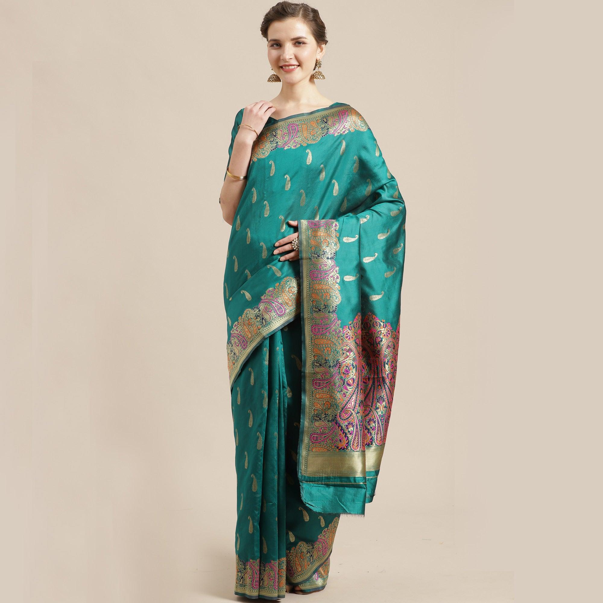 Jazzy Green Colored Festive Wear Woven Silk Blend Saree - Peachmode