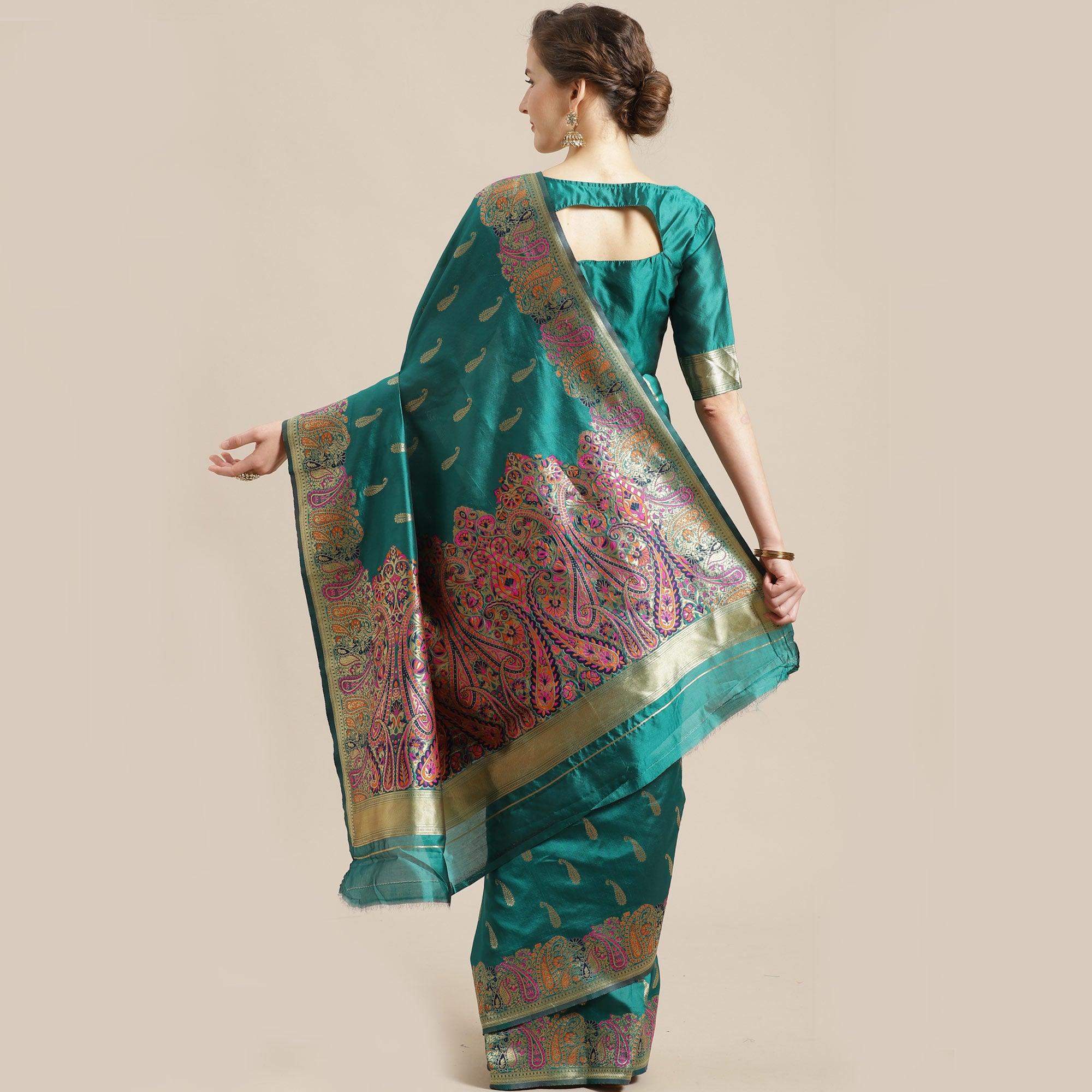 Jazzy Green Colored Festive Wear Woven Silk Blend Saree - Peachmode