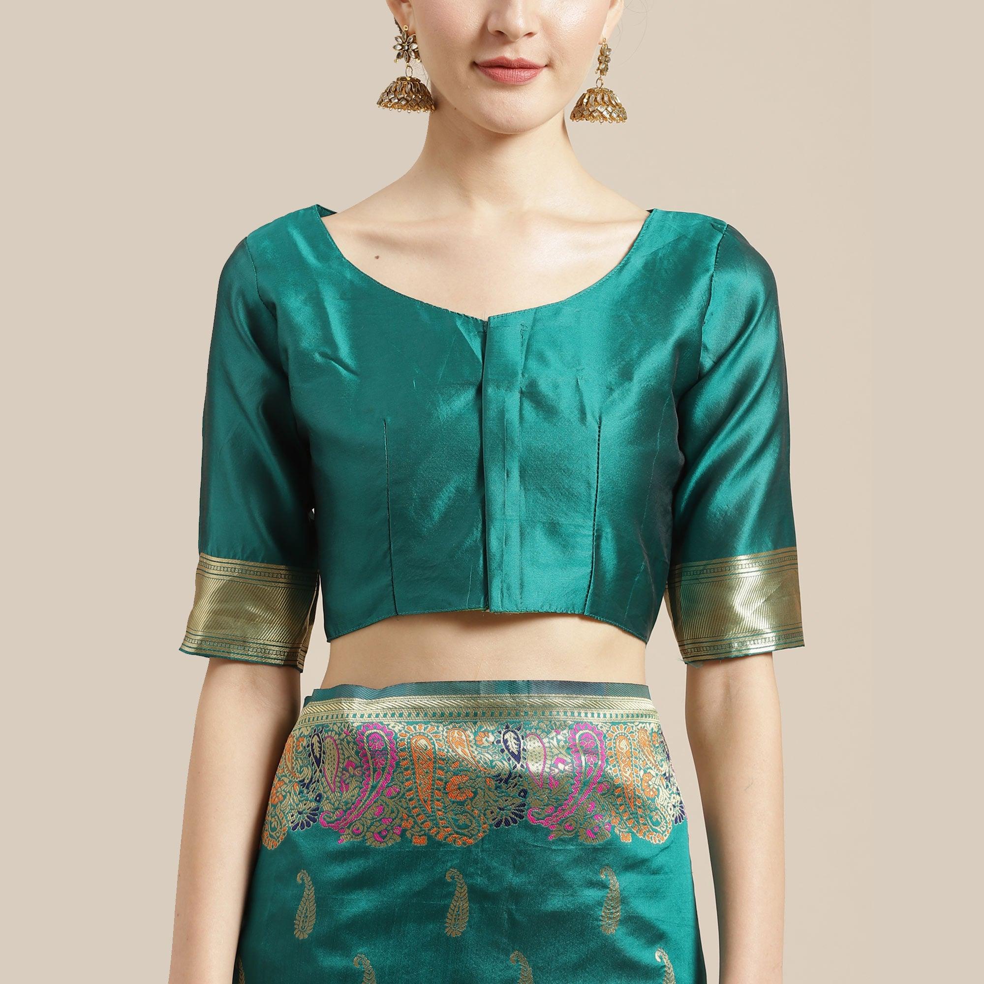 Jazzy Green Colored Festive Wear Woven Silk Blend Saree - Peachmode