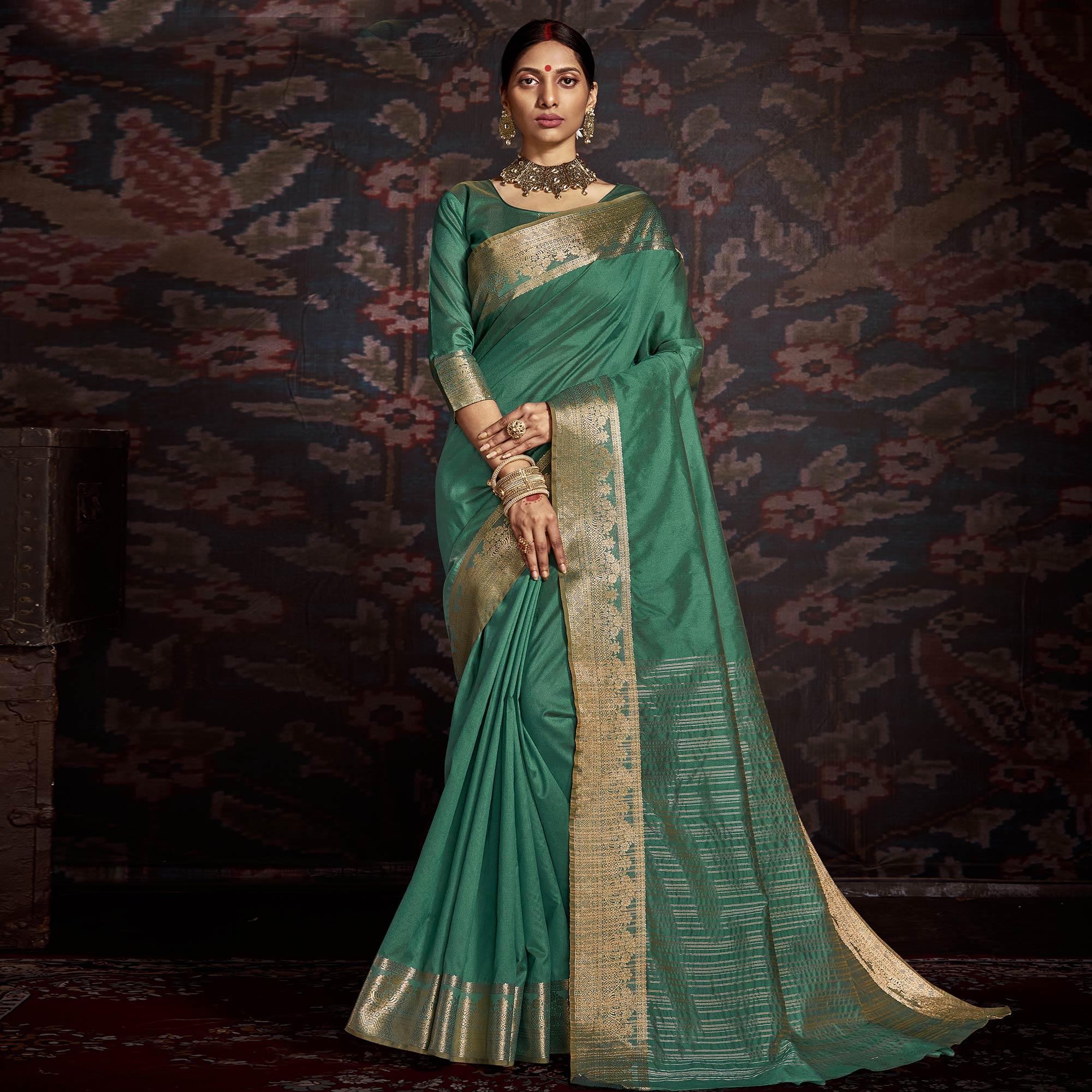 Jazzy Green Colored Festive Wear Woven Silk Saree - Peachmode