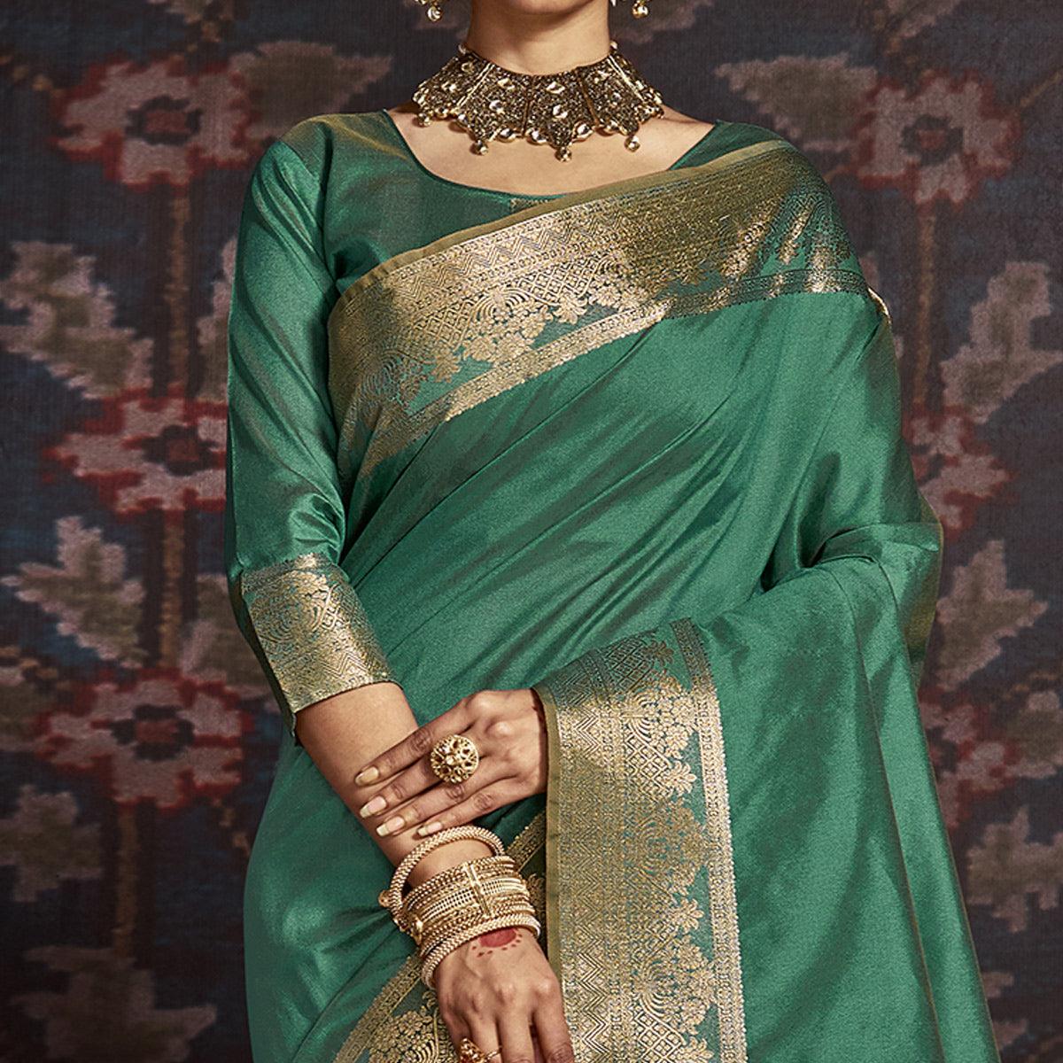 Jazzy Green Colored Festive Wear Woven Silk Saree - Peachmode