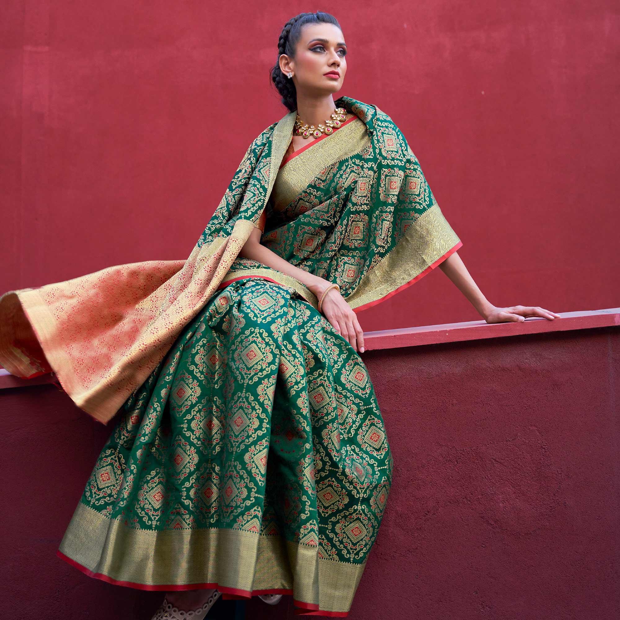 Jazzy Green Colored Festive Wear Woven Silk Saree - Peachmode