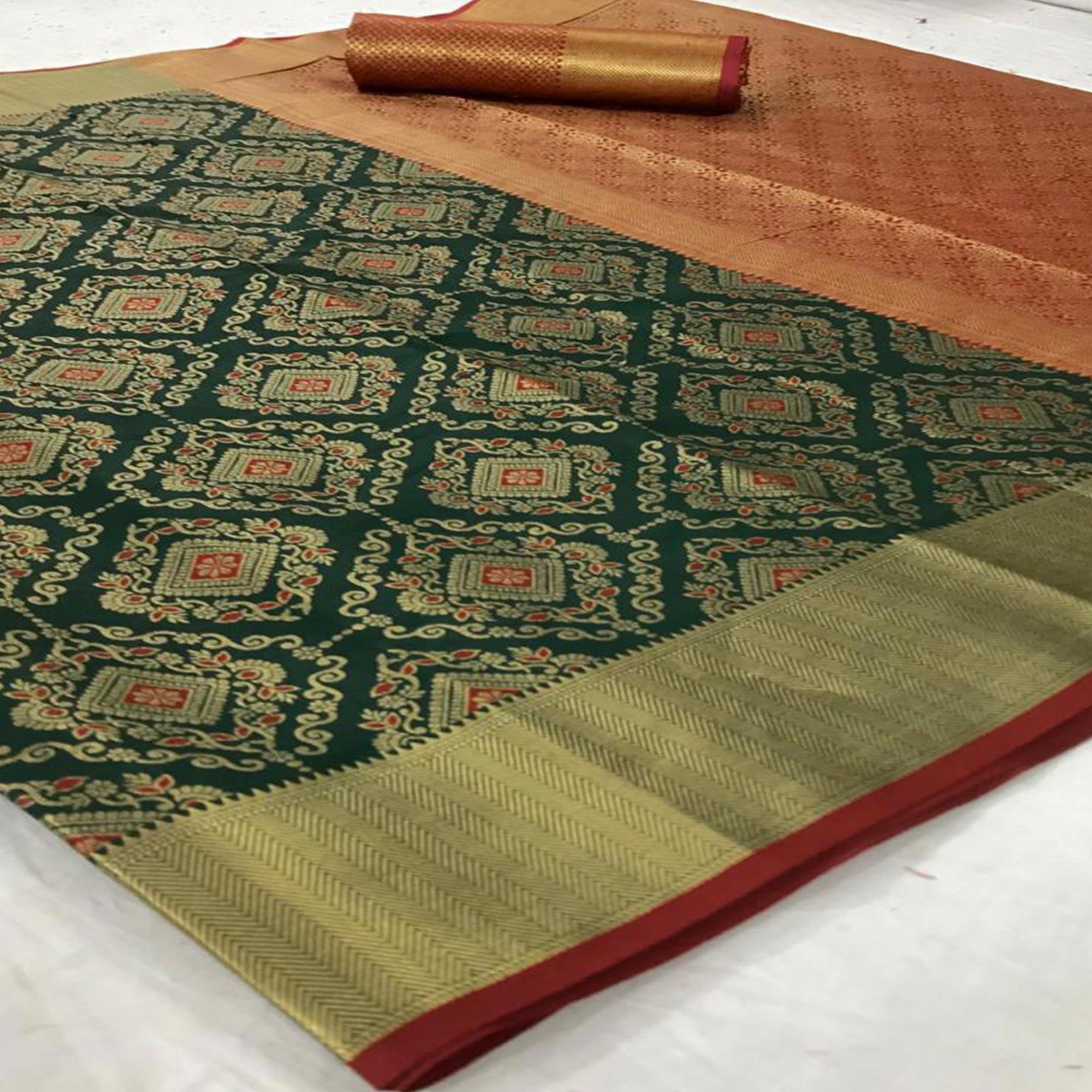 Jazzy Green Colored Festive Wear Woven Silk Saree - Peachmode