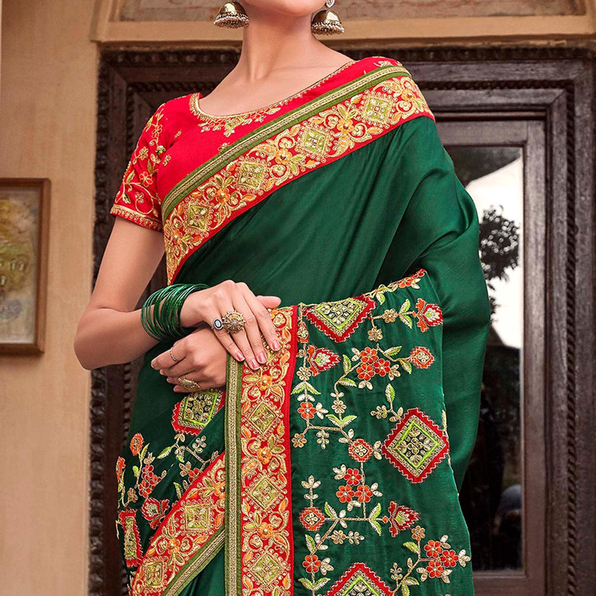 Jazzy Green Colored Partywear Embroidered Satin - Gerogette Saree - Peachmode