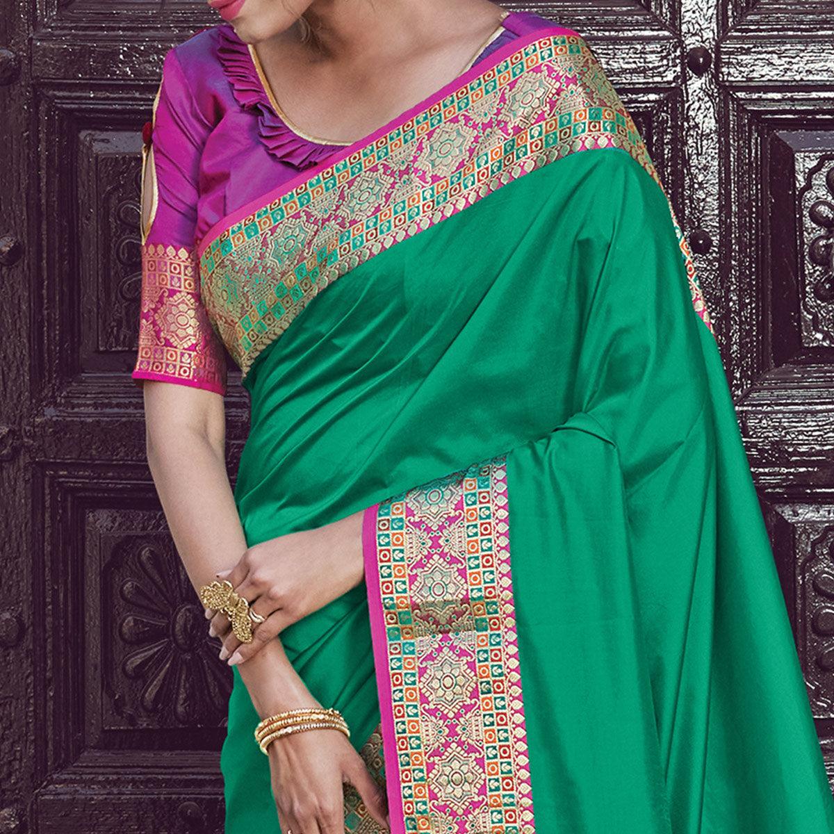 Jazzy Green Coloured Partywear Woven Silk Saree - Peachmode