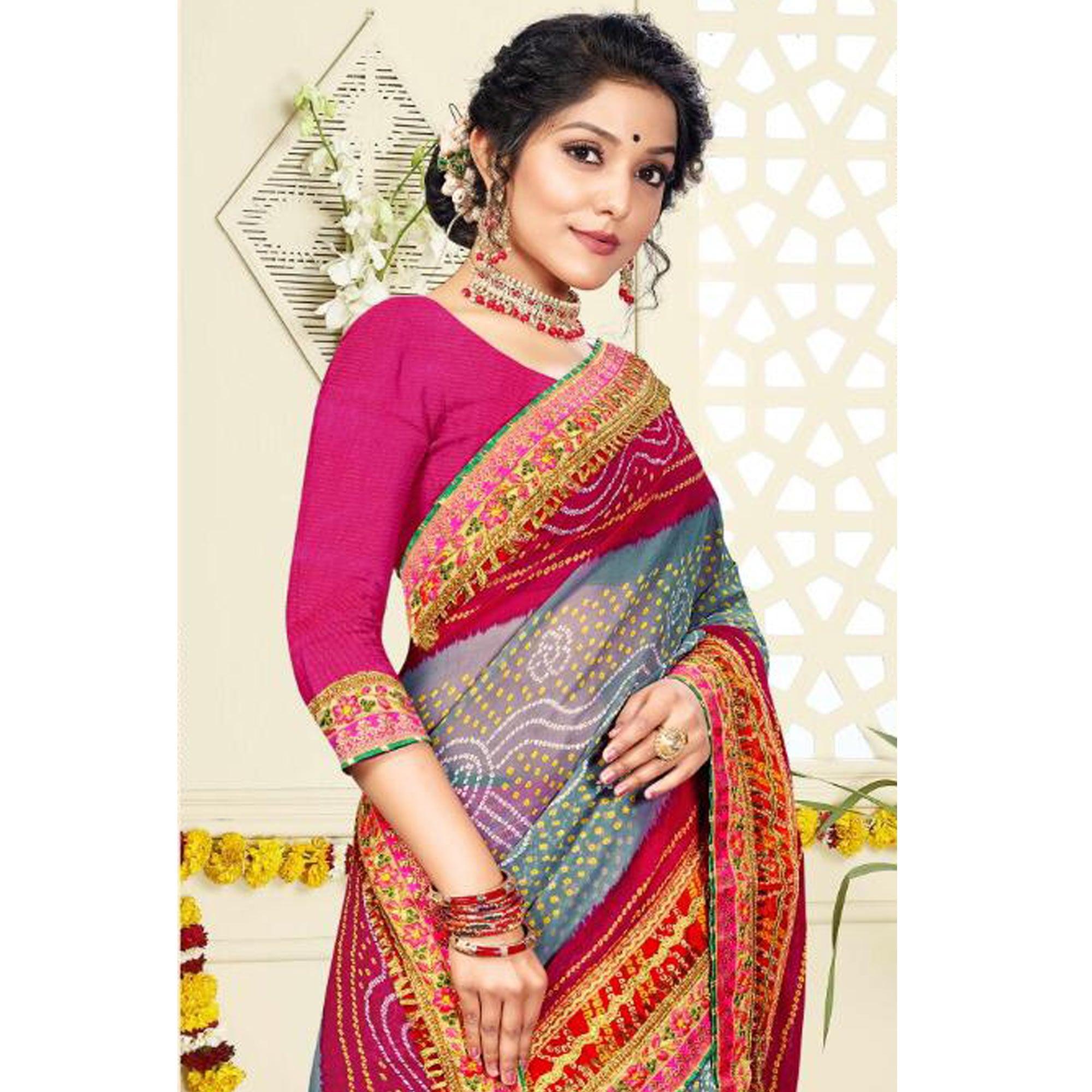 Jazzy Grey and Pink Colored Festive Wear Bandhani Print With Zari Border Work And Latkan Heavy Georgette Saree - Peachmode