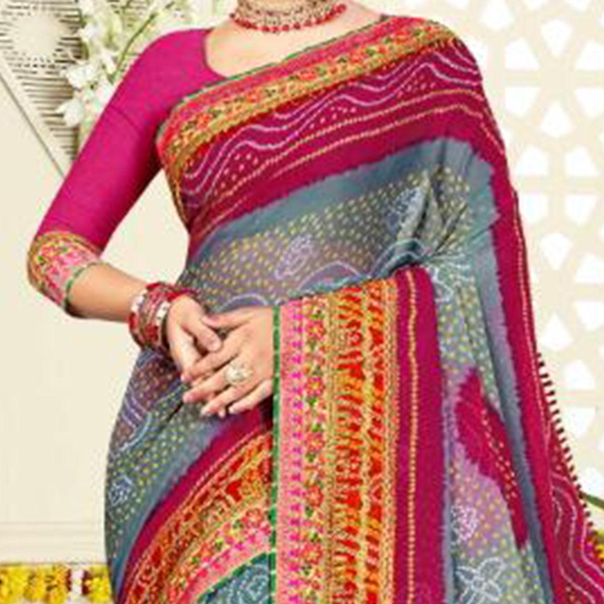 Jazzy Grey and Pink Colored Festive Wear Bandhani Print With Zari Border Work And Latkan Heavy Georgette Saree - Peachmode