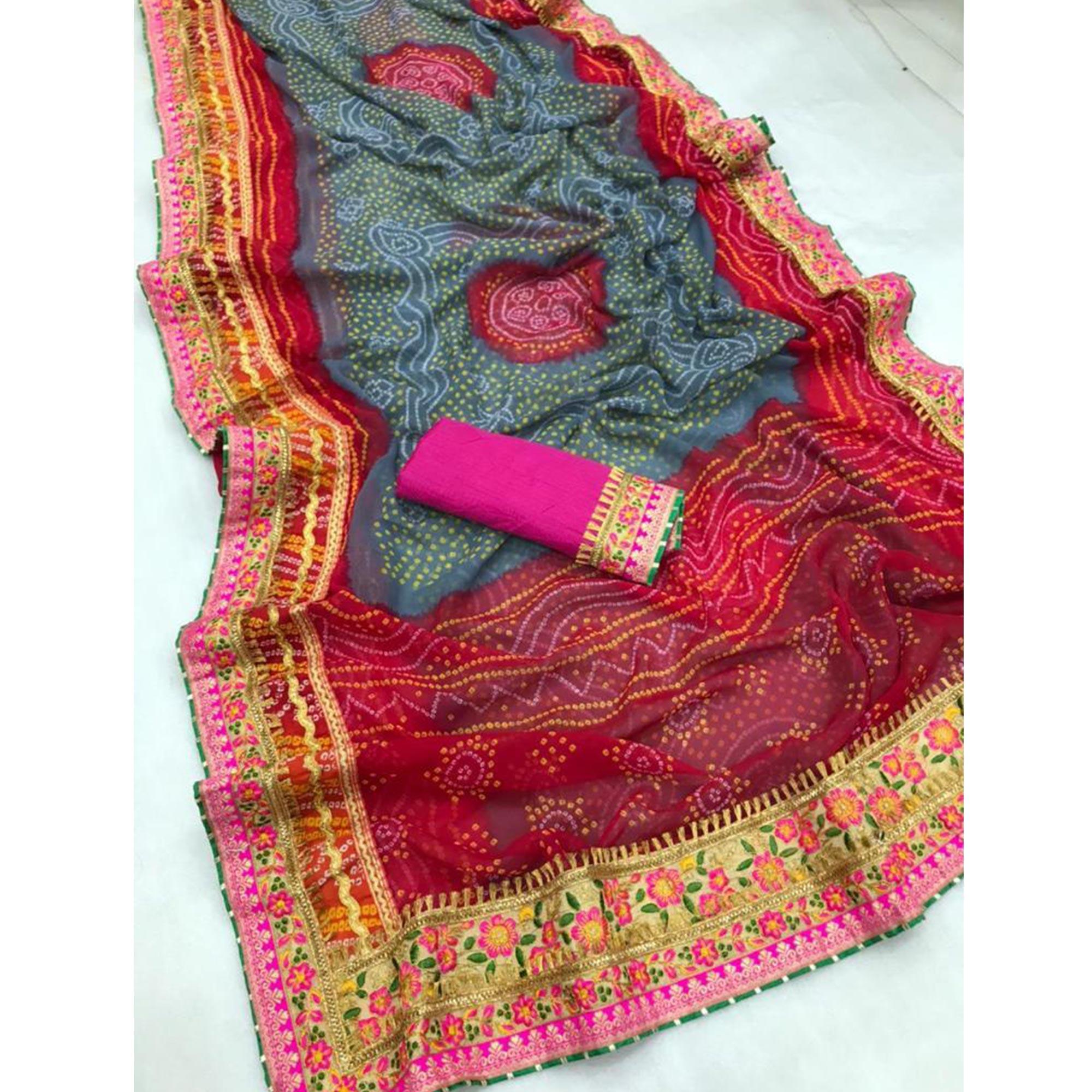 Jazzy Grey and Pink Colored Festive Wear Bandhani Print With Zari Border Work And Latkan Heavy Georgette Saree - Peachmode