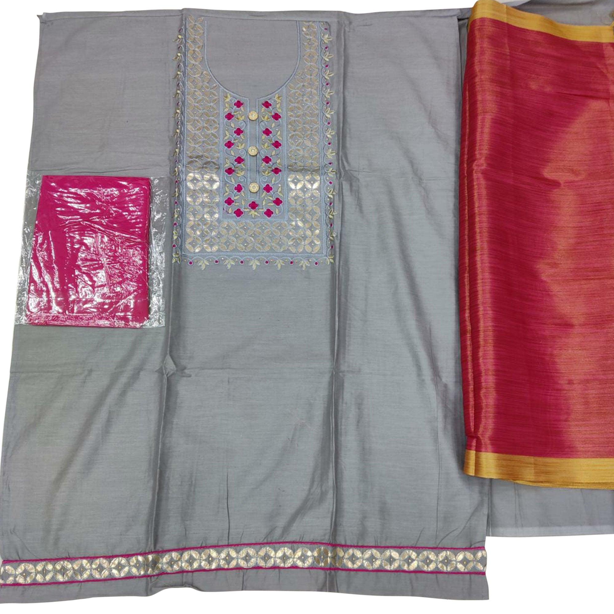 Jazzy Grey Colored Casual Embroidered Cotton Dress Material - Peachmode