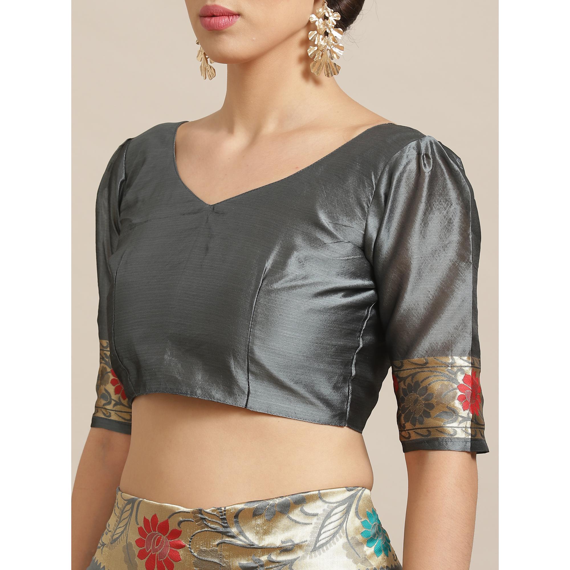 Jazzy Grey Colored Festive Wear Woven Silk Blend Banarasi Saree - Peachmode