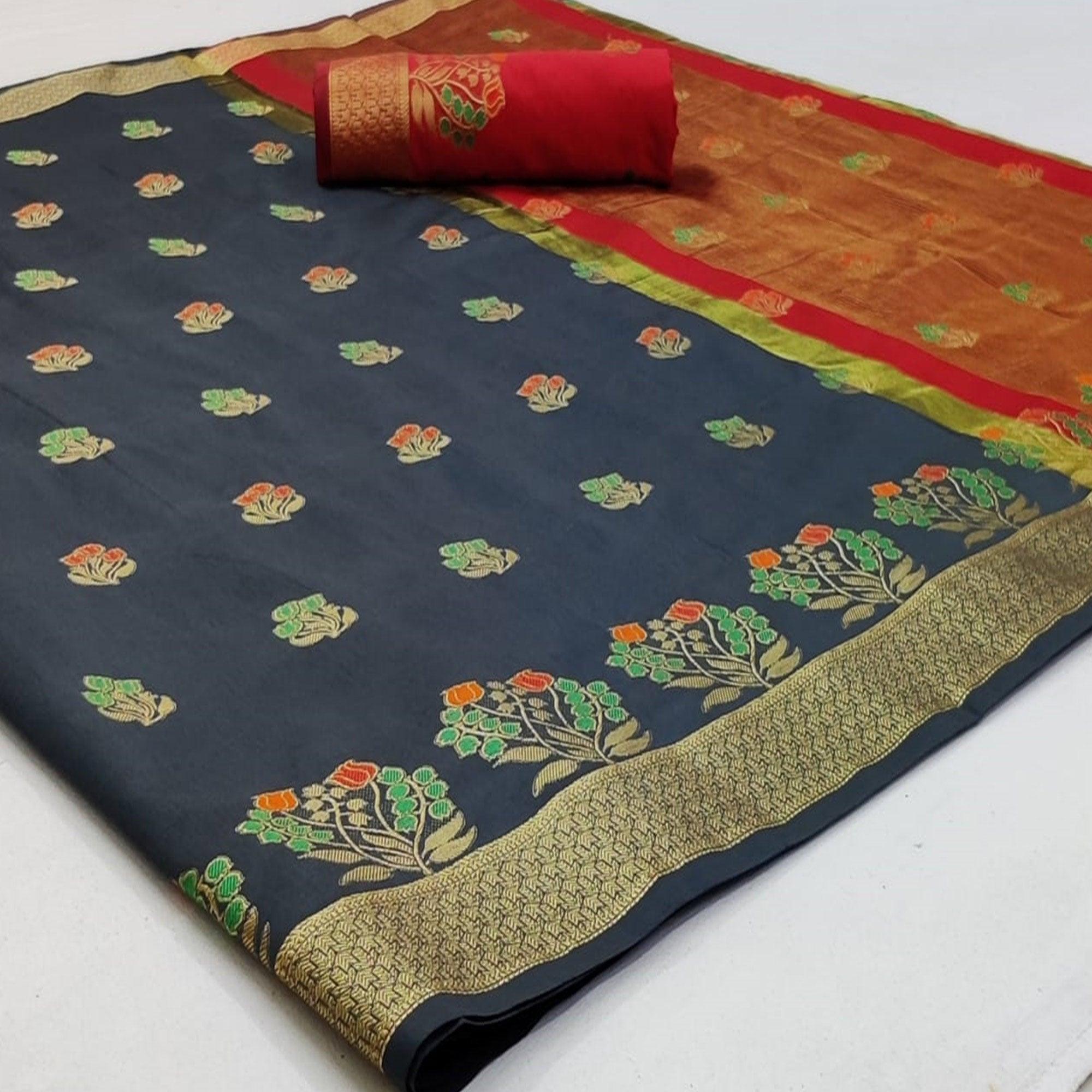 Jazzy Grey Colored Festive Wear Woven Soft Silk Saree - Peachmode