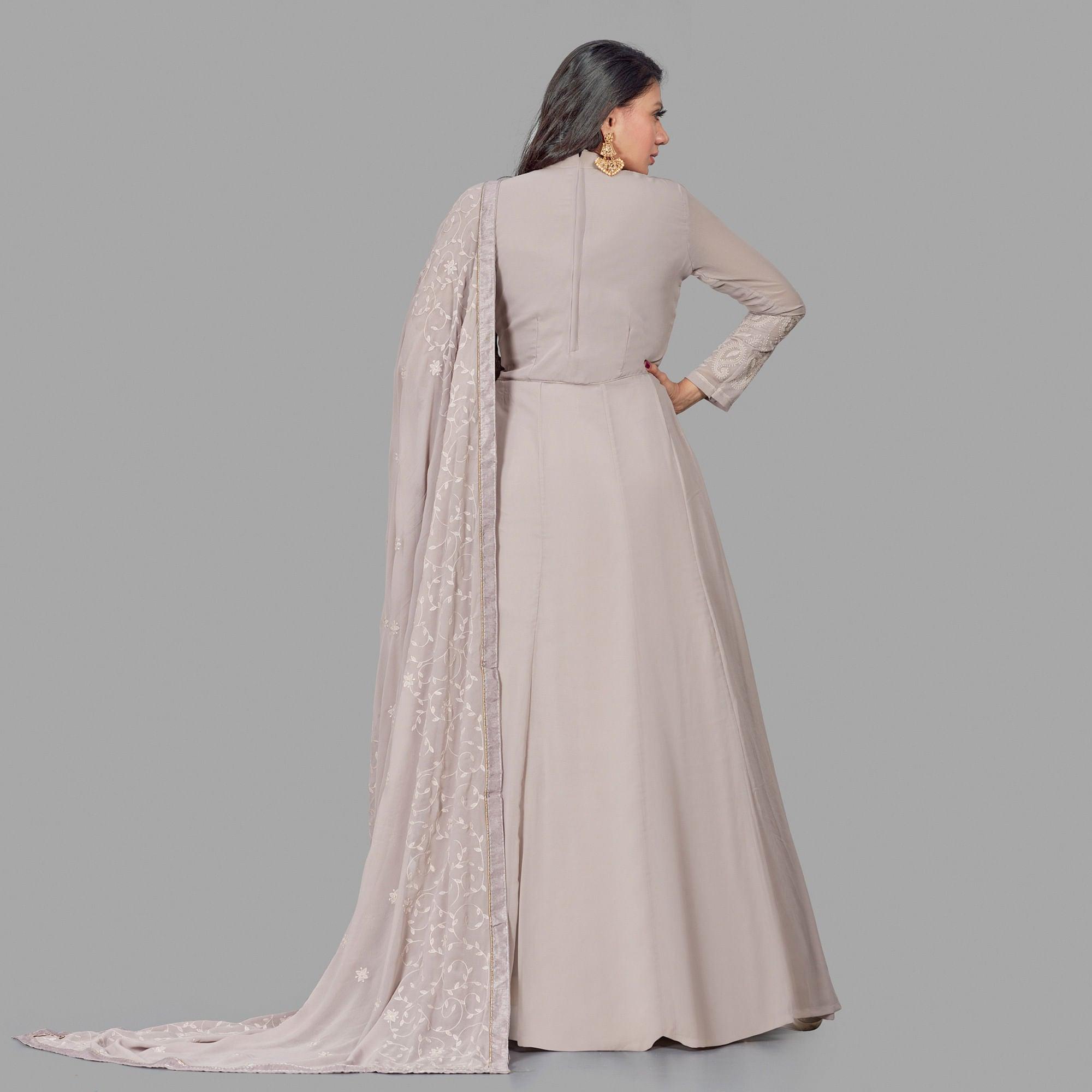 Jazzy Grey Colored Party Wear Embroidered Heavy Faux Georgette Anarkali Suit - Peachmode