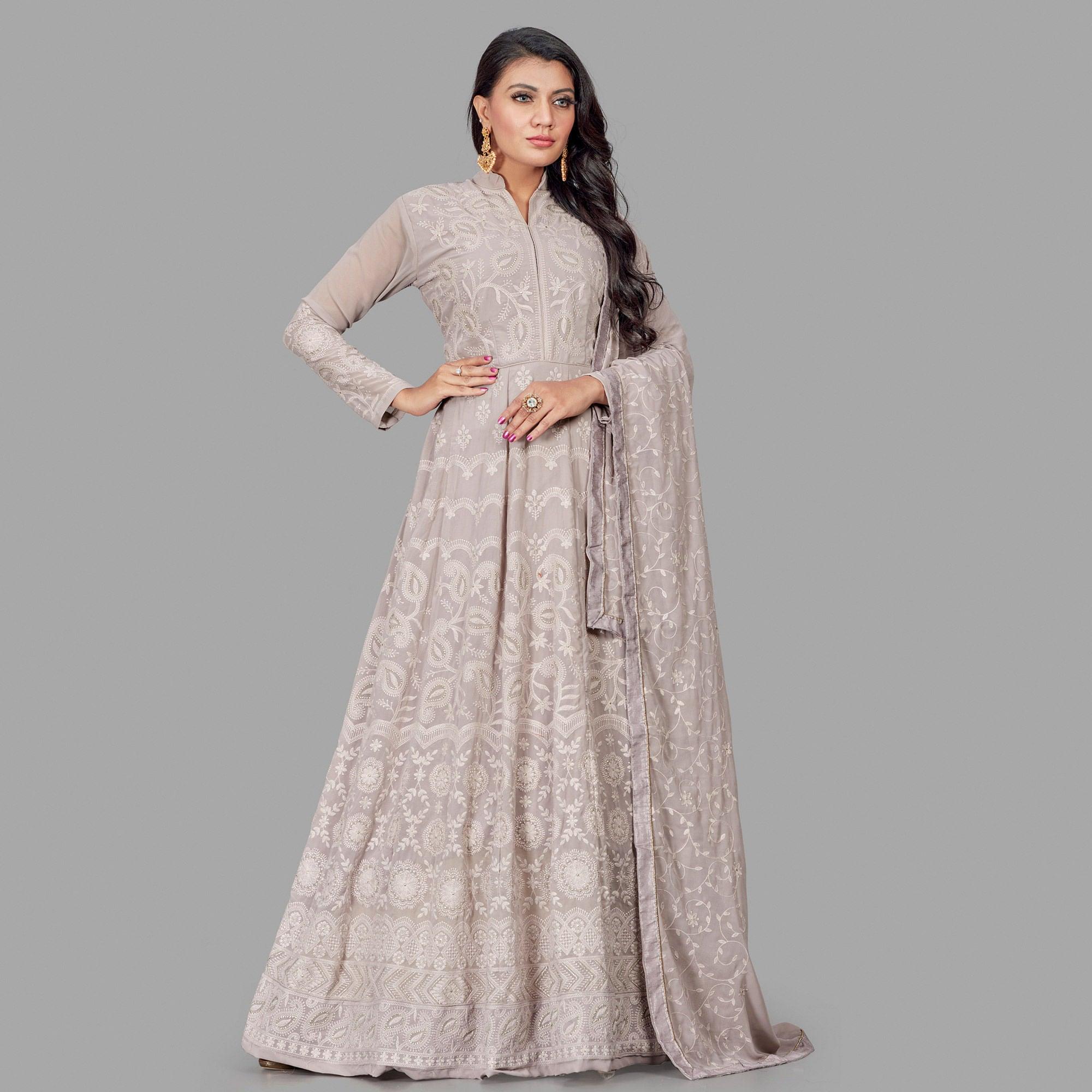 Jazzy Grey Colored Party Wear Embroidered Heavy Faux Georgette Anarkali Suit - Peachmode
