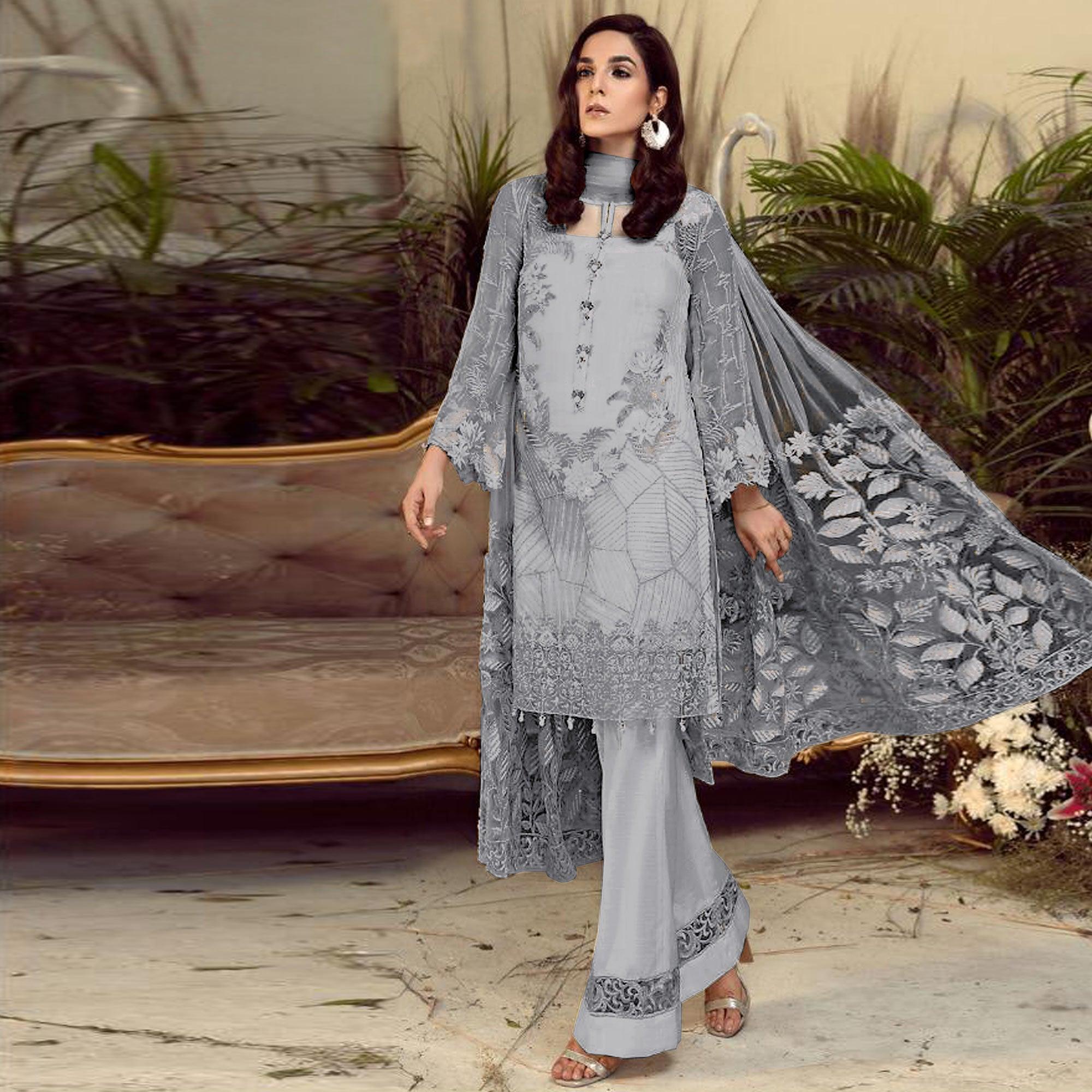 Jazzy Grey Colored Partywear Embroidered Faux Gerogette Straight Suit - Peachmode