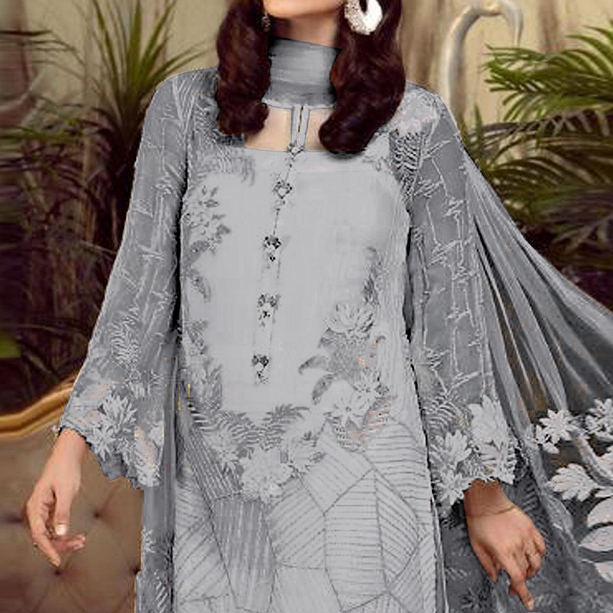 Jazzy Grey Colored Partywear Embroidered Faux Gerogette Straight Suit - Peachmode
