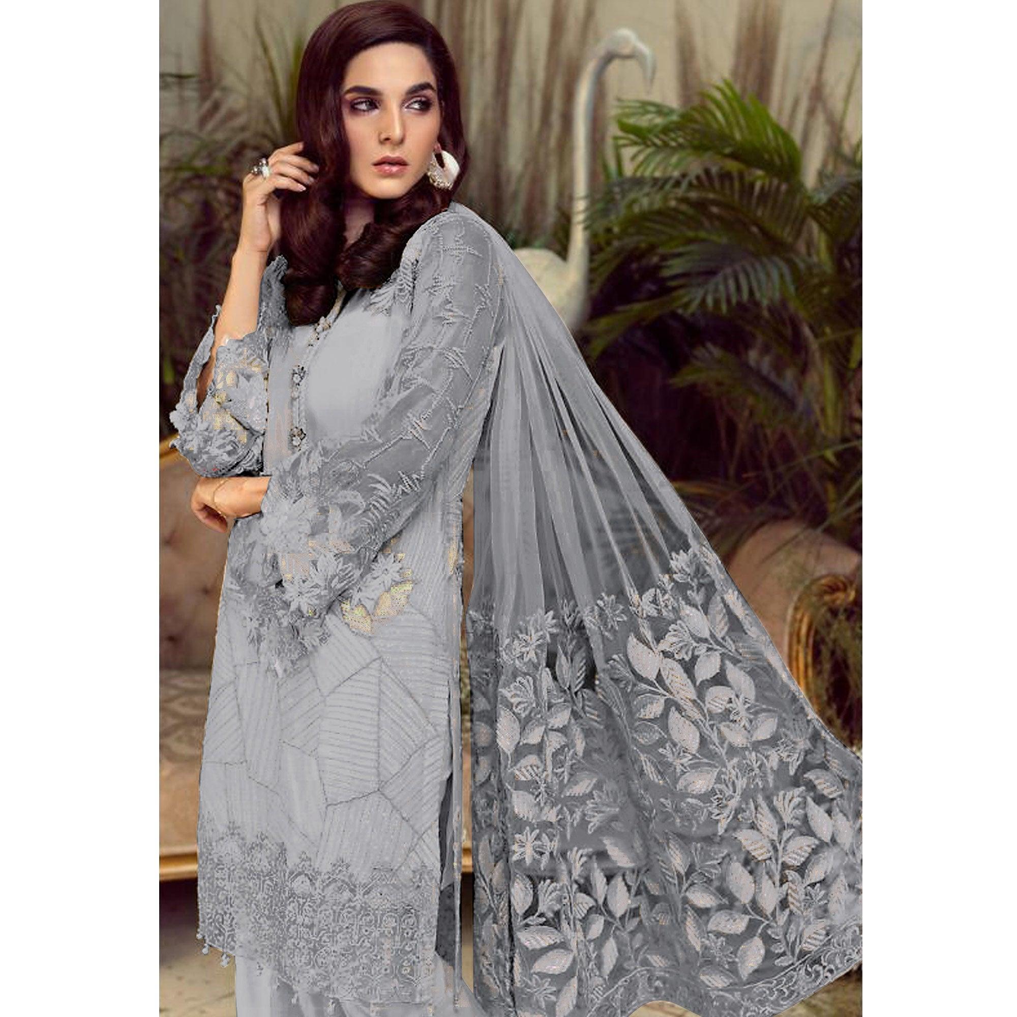Jazzy Grey Colored Partywear Embroidered Faux Gerogette Straight Suit - Peachmode
