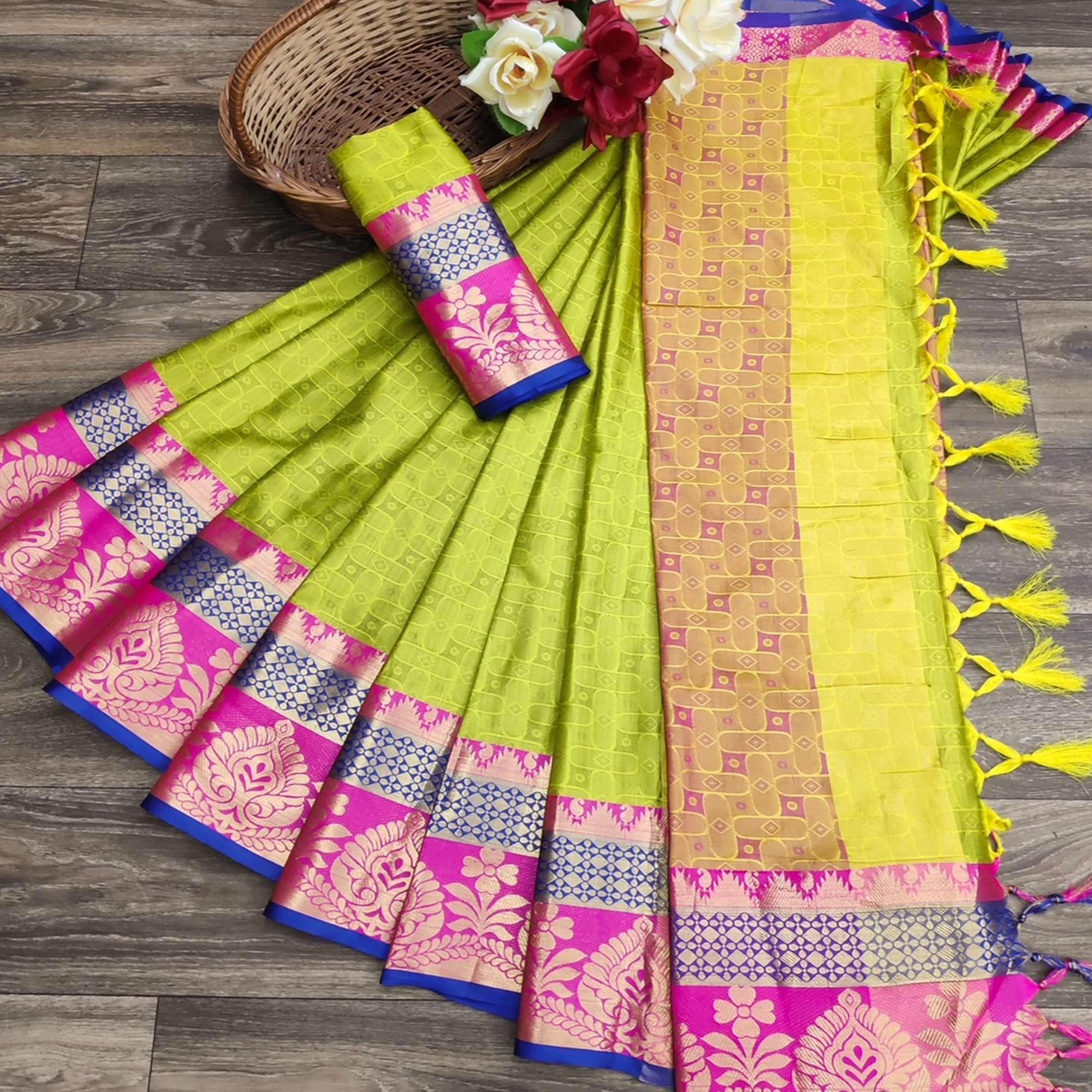 Jazzy Lemon Green Colored Festive Wear Woven Cotton Silk Saree - Peachmode