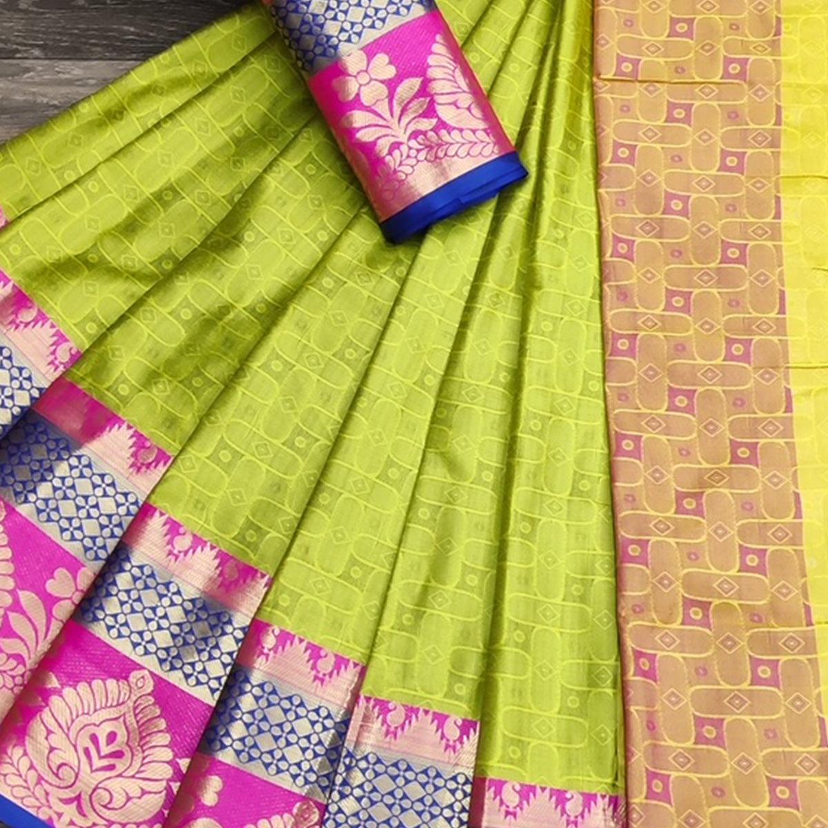 Jazzy Lemon Green Colored Festive Wear Woven Cotton Silk Saree - Peachmode