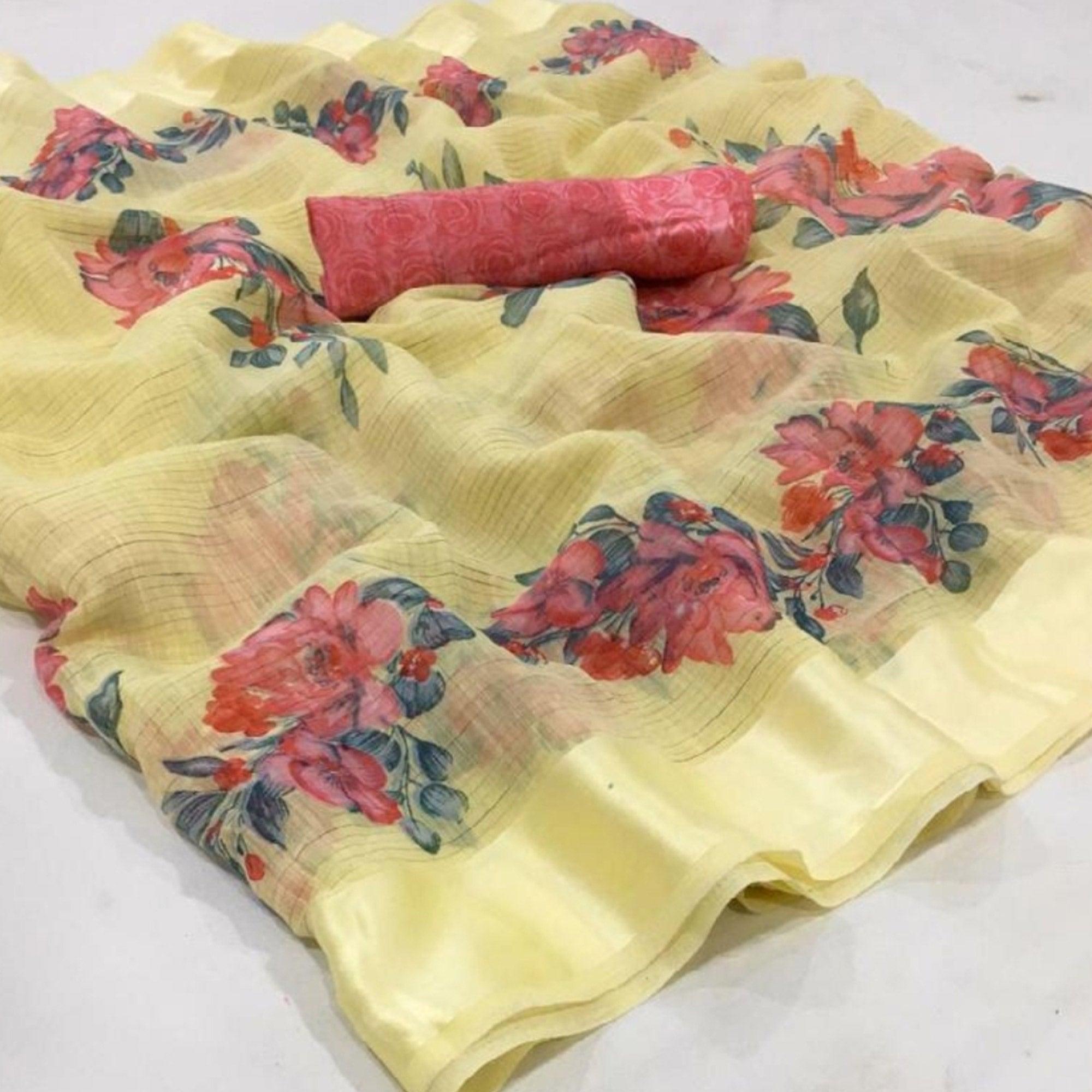 Jazzy Light Yellow Colored Casual Wear Floral Printed Linen Saree - Peachmode