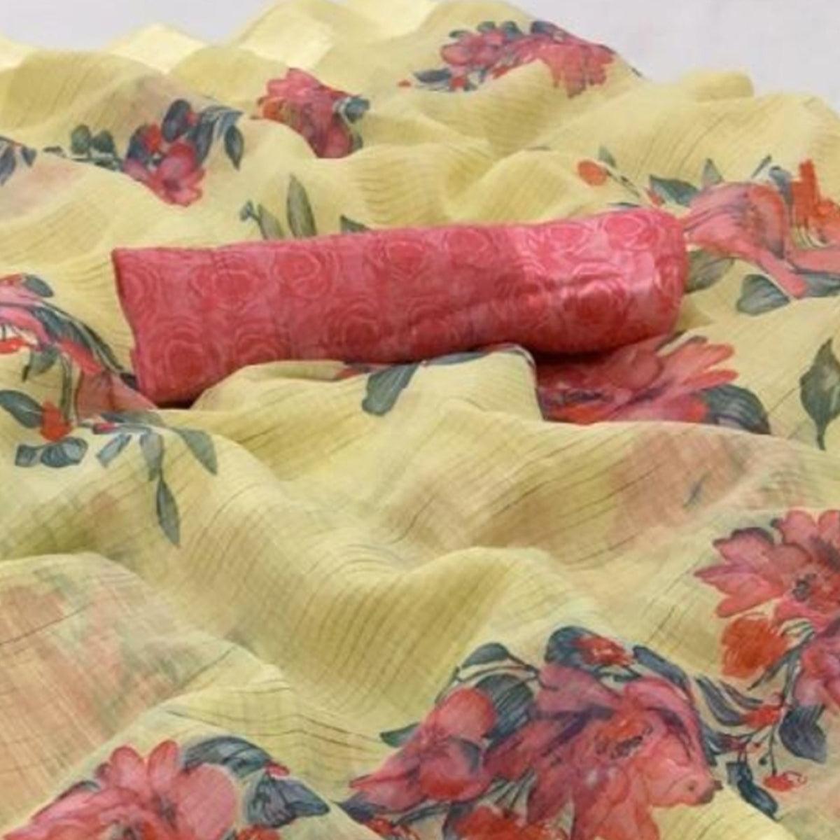 Jazzy Light Yellow Colored Casual Wear Floral Printed Linen Saree - Peachmode