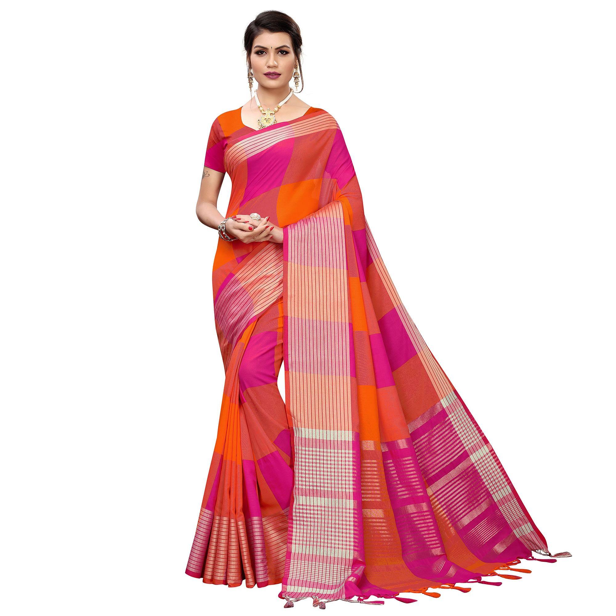 Jazzy Magenta Pink-Orange Colored Festive Wear Printed Cotton Silk Saree - Peachmode