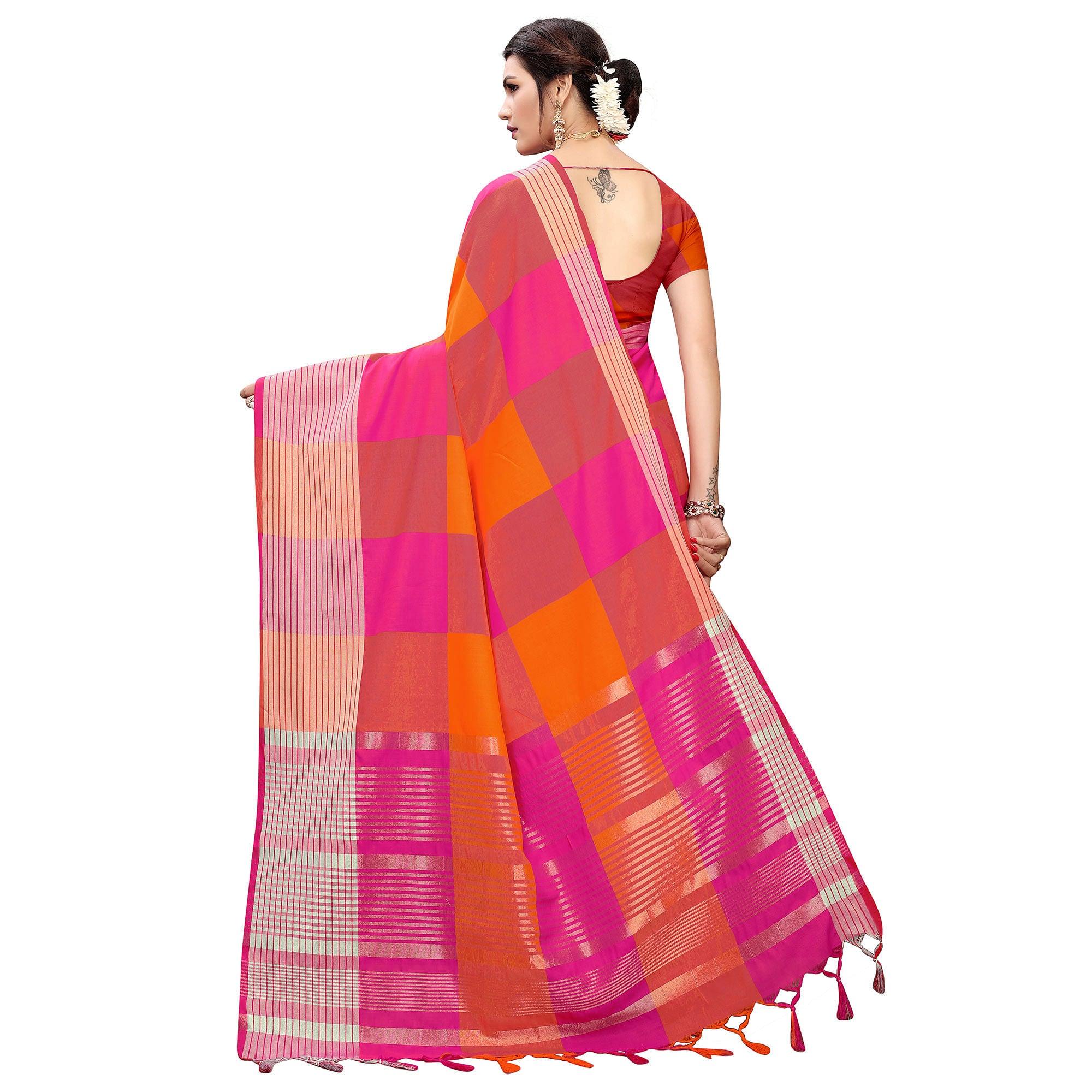 Jazzy Magenta Pink-Orange Colored Festive Wear Printed Cotton Silk Saree - Peachmode