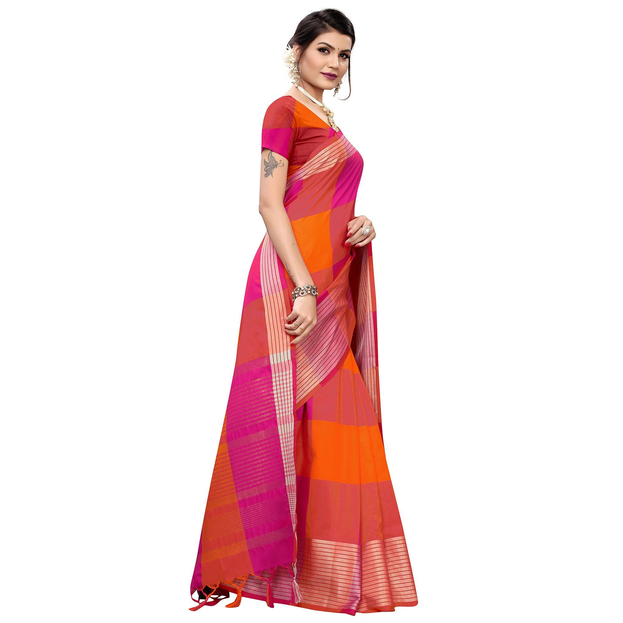 Jazzy Magenta Pink-Orange Colored Festive Wear Printed Cotton Silk Saree - Peachmode