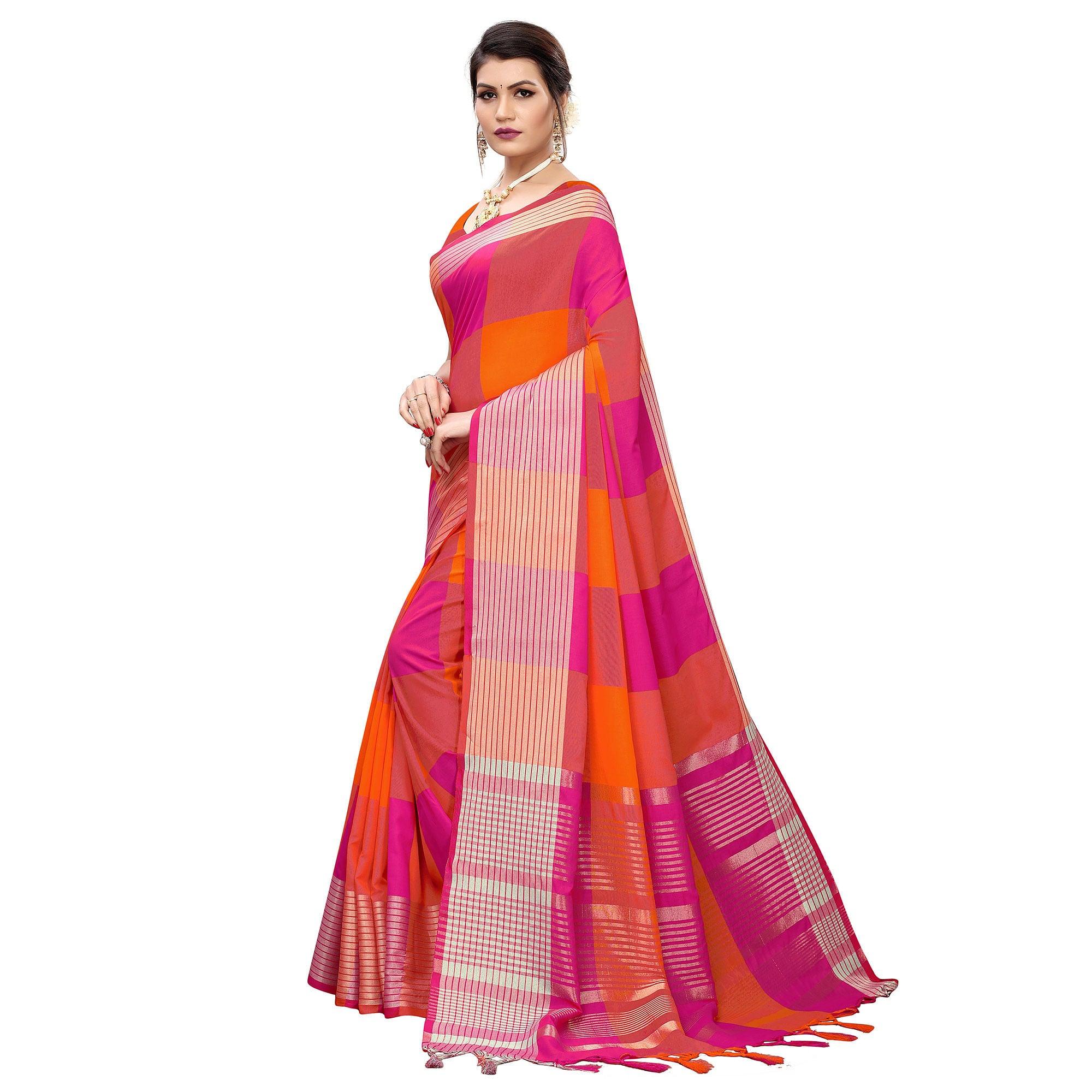 Jazzy Magenta Pink-Orange Colored Festive Wear Printed Cotton Silk Saree - Peachmode