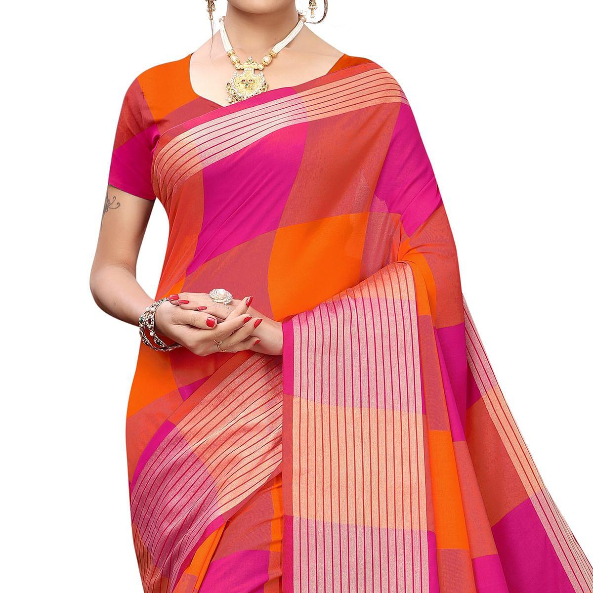 Jazzy Magenta Pink-Orange Colored Festive Wear Printed Cotton Silk Saree - Peachmode