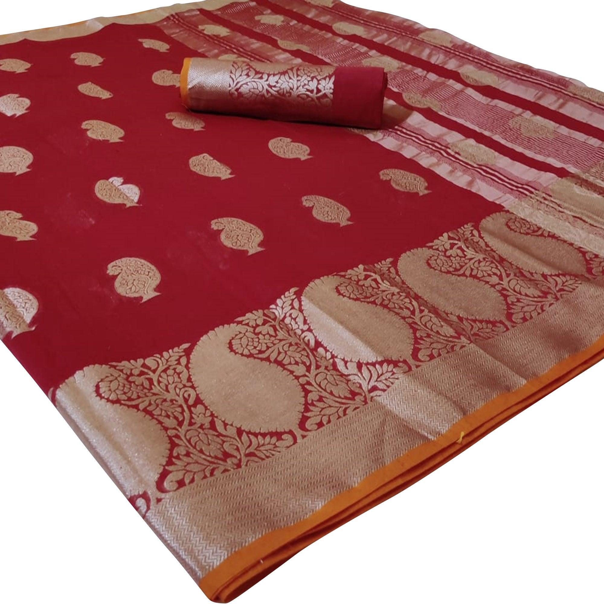 Jazzy Maroon Colored Festive Wear Woven Linen Saree - Peachmode